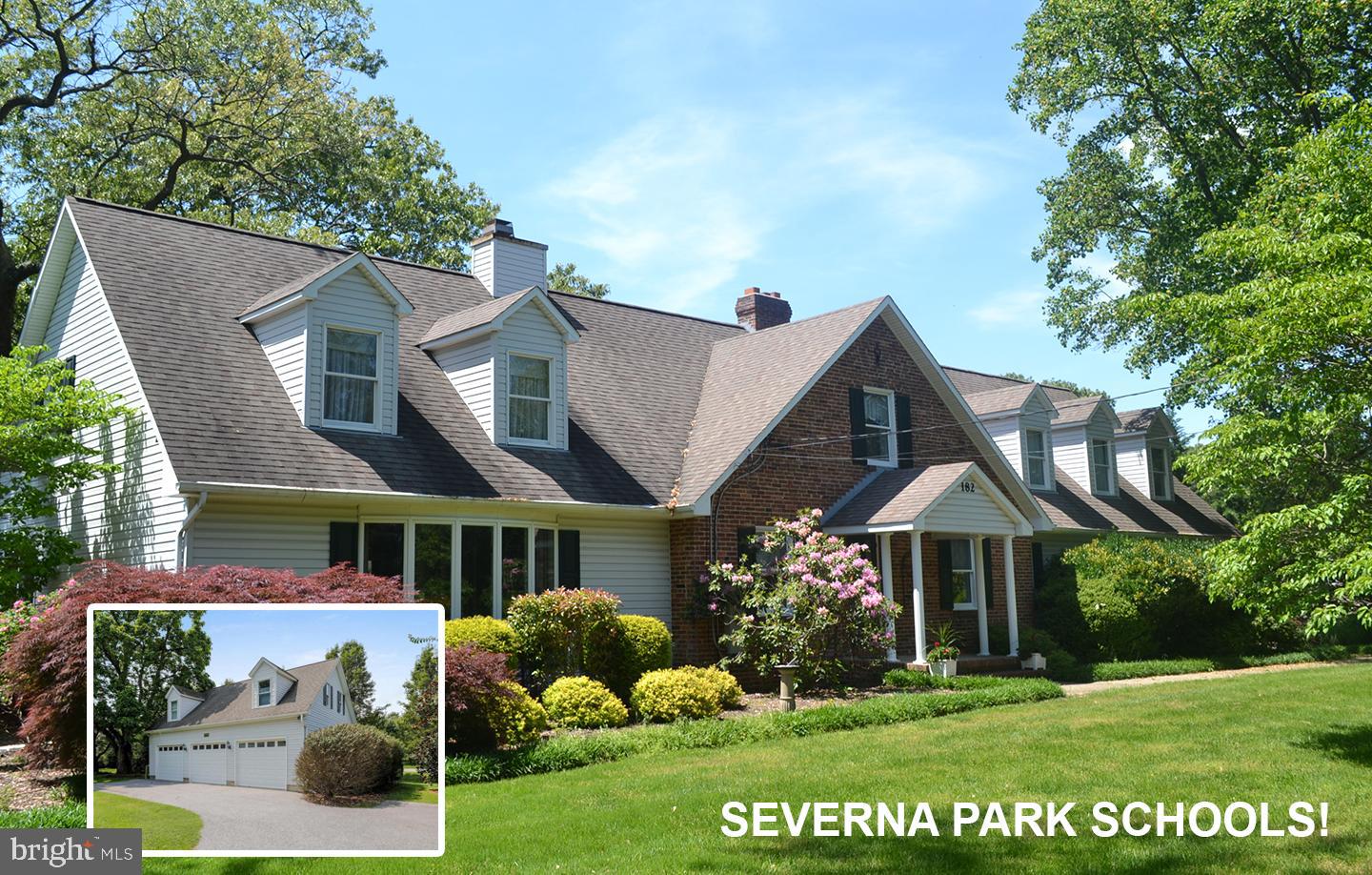 One of a kind, custom cape cod with a huge three car, detached garage and separate one bedroom apartment. Main house features 5 bedrooms, 4 full baths, 2 car garage and a huge, 27 x 27 great room.  Impressive master suite with custom walk-in closet and master bath.  The whole main house has been recently carpeted and repainted.  Near the back of the manicured lot is the three car garage with 800 square foot, upper level in-law suite or apartment.  Suite includes full kitchen, large living room / dining room, full bath, and spacious, light filled bedroom.  Laundry as well.  Apartment space is ideal for in-laws, adult children, an office for your business, or the ultimate man cave. 3 car garage is heated and HUGE.  Easily big enough for a boat on a trailer (see pics).  Exposed aggregate patio off main house allows you to enjoy the beautiful, mature landscape. Property has three beautiful trees that approach 100 years old.  MAJOR PRICE REDUCTION - Severna Park school system!