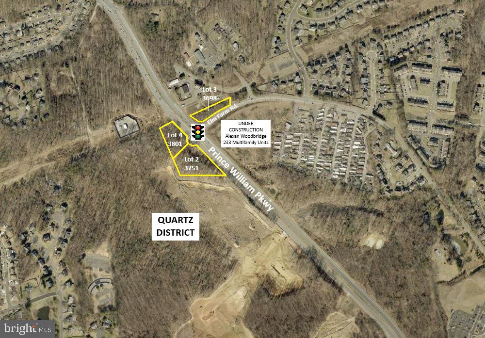 Three (O)M Office Mid Rise parcels available—purchase individually or as a portfolio. Lots 2 & 4: Adjacent to the new Quartz District (under construction). Lot 3: Frontage on Elm Farm Rd, across from the new Alexan apartments. Zoning: By right uses include medical office, healthcare facilities, labs, hotels, educational and religious institutions. Site Work: Lots 2 & 4 delivered with Corps permit for fill; buyer to purchase wetland credits. Fill and credits required prior to any zoning change.
The property has frontage on Prince William Parkway and Elm Farm Rd. and is located at a signalized intersection (just under 50,000 VPD). The site is surrounded by new residential development, with interchange improvements at Minnieville Rd. and Prince William Parkway anticipated to be completed by 2028. Lots 2 and 4 are adjacent to a portion of the Quartz District, a mixed-use development planned to include approximately 1,000 residential units, 374,000 SF of non-residential space, and a Whole Foods Market anchor tenant. The property is approximately 3.5 miles from I-95 and 2 miles from the Prince William County Government Center, providing convenient access to major commuter routes and government services.