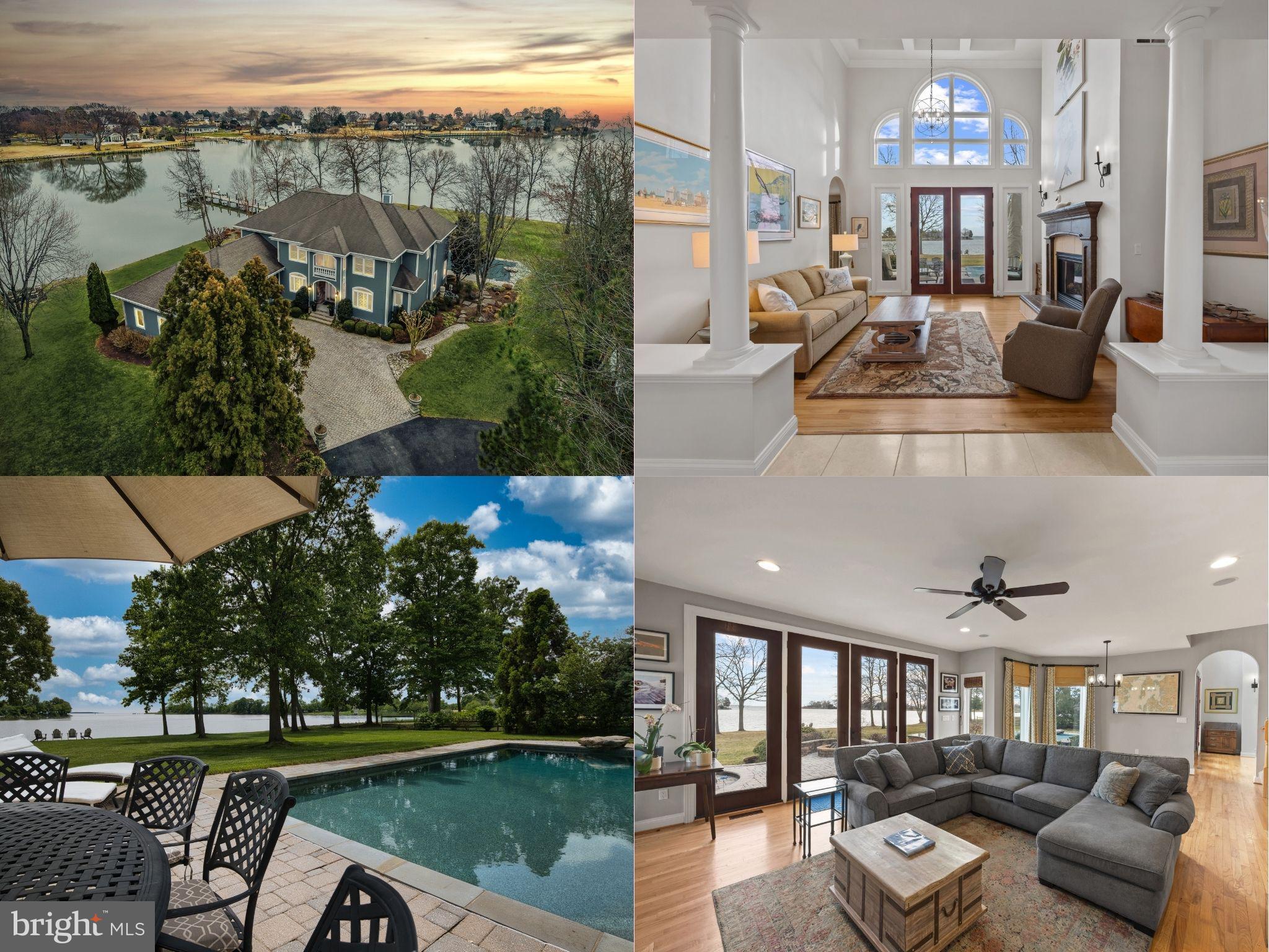 Price improvement. Welcome home to this stunning waterfront property in Cove Creek Club on Kent Island.  Cove Creek is a Golfer's Paradise! This remarkable five bedroom, four bathroom home offers an unparalleled blend of privacy, elegance, and panoramic coastal beauty all located on your very own private peninsula. With an impressive 566 feet of protected shoreline where Tanner’s Creek converges with Cove Creek, opening directly to the Eastern Bay, this southern-facing residence offers breathtaking water views from nearly every room.

Upon entering, you’re greeted by a dramatic two-story foyer with soaring vaulted and coffered ceilings that set an immediate tone of refinement, drawing the eye straight through to the large backyard and shimmering water views beyond. The thoughtfully designed main level features high ceilings throughout and a serene primary suite with views of the pool and waterfront. The primary retreat offers a custom walk-in closet with built-ins, tray ceiling, and a spa-inspired bath with dual vanities, private water closet, soaking tub, expansive walk-in shower, and plantation shutters for added privacy. Upstairs, enjoy a recreation room with wide angle water views and balcony perfect for enjoying sunsets while playing a game of pool or darts. Four additional bedrooms can be found here as well, two on either side of the home sharing jack-and-jill style bathrooms with private closets. 

Designed for effortless entertaining and elevated everyday living, the open-concept living and dining spaces flow seamlessly from the beautifully updated kitchen. Here, refined finishes include soft-close cabinetry, granite countertops, a marble backsplash, center island, walk-in pantry, stainless-steel appliances, gas cooktop, wine refrigerator, and warming drawer. The kitchen opens to an inviting living room with sliding doors to access the outdoor living area. Outside you’ll find extensive hardscaping with a built-in grill, granite countertops, and a granite dining table seating eight, perfect for hosting refined waterfront gatherings.

The resort-style backyard is a private sanctuary, featuring a sparkling pool and a private pier equipped with three boat lifts—ideal for boating, paddle boarding, crabbing, or simply enjoying sunsets accompanied by visits from blue herons and bald eagles. Professionally designed landscaping offers year-round color with mature plantings all complemented by a lush, level lawn maintained by a multi-zone irrigation system. Additional highlights include a spacious three-car garage with room for vehicles, golf carts, and storage, along with premium finishes throughout that reflect timeless craftsmanship and meticulous attention to detail.

As a resident of Cove Creek, enjoy access to an exceptional array of private amenities including a USGA-rated golf course, deep-water marina, private beach, clubhouse, fitness center, tennis, pickleball, and bocce courts, boat ramp and storage yard, as well as miles of scenic walking and biking trails - all located on Kent Island, just minutes from the Chesapeake Bay Bridge and Route 50.