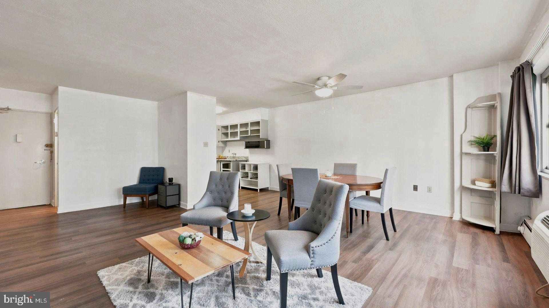 Available now -- large one bedroom at Penn Center House with south-facing views.  This is the largest one-bedroom floor plan at Penn Center, offering 750 Square Feet of open living space.  The unit can be delivered fully furnished and features new flooring throughout, granite countertops in the kitchen, a neutral-toned bath and washer/dryer hook-ups. The walls have been primed and are ready for fresh paint.  Call today and make Penn Center House your new home.  All utilities, real estate taxes and basic cable are included in the monthly fee.  Full-service amenities include a 24-hour concierge, on-site management, fitness center, community room, and a beautiful roof-deck with city views.  Garage parking is available for just $145/month. Penn Center House is conveniently located steps from Rittenhouse Square, 30th St Station, hospitals and universities.  Please note, a one-time administrative fee applies for all buyers (the fee for unit 906 is $14,000) –– see attached Buyer Requirements for co-op information and guidelines. Financing is available through Firstrust Bank; inquire within.  Don't wait, schedule your tour today.