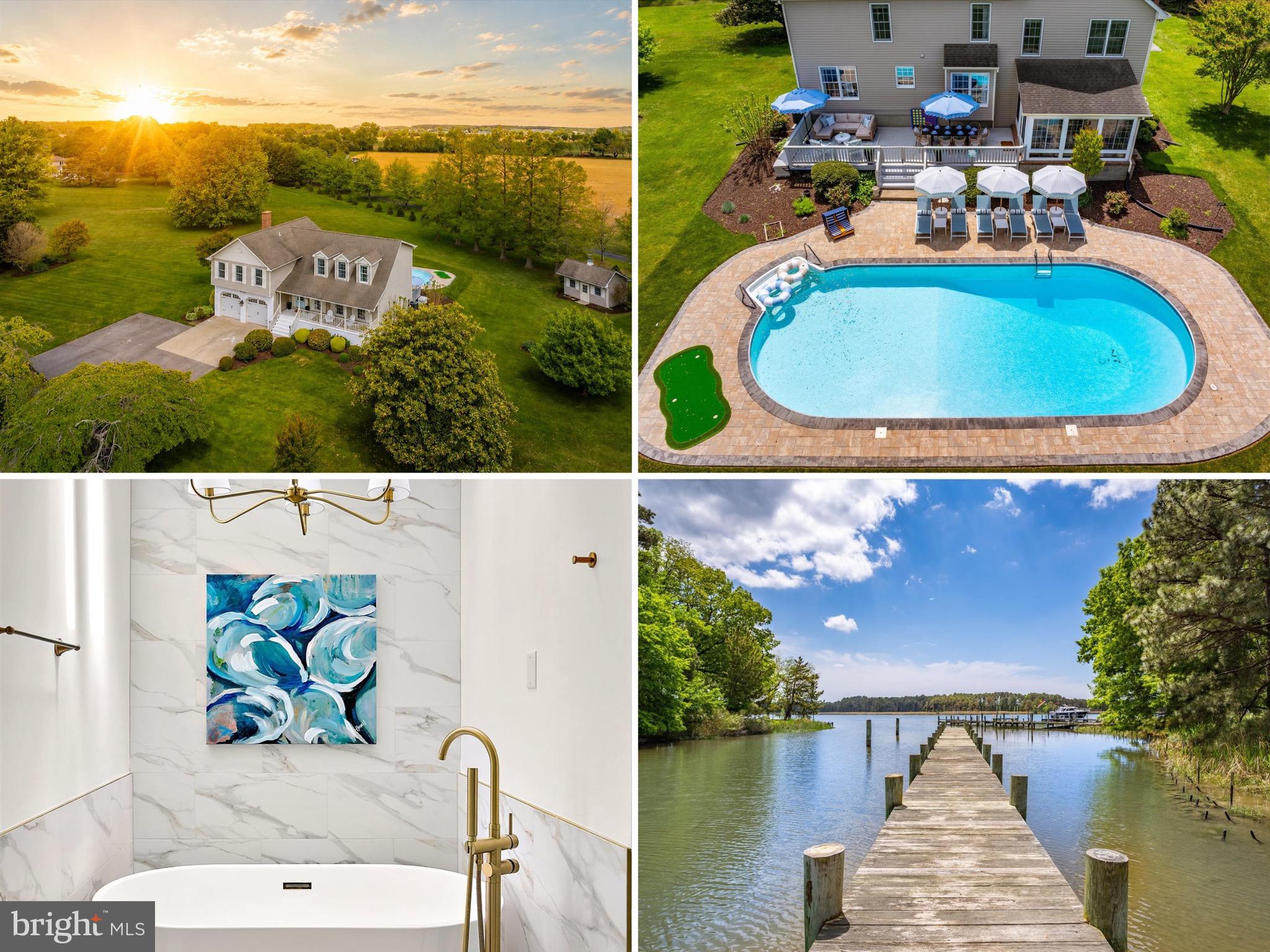 Waterfront Living in Kirwan’s Landing!

Set on 1.4 beautifully landscaped acres, this designer-renovated five-bedroom residence with pool and private pier blends elevated coastal style with resort-inspired outdoor living.

The outdoor setting feels like a private resort, featuring an oversized saltwater pool with a newly hardscaped stone deck, mature landscaping, fruit trees, and peaceful water views. A private 90-foot pier tucked along the side of the property provides access to Kirwan’s Creek for kayaking, paddle boarding, fishing, and enjoying the surrounding wildlife. Beneath a canopy of towering bald cypress trees — glowing brilliant shades of red and orange each fall — sits a charming detached cottage-style shed, while nearby oak trees frame a serene sitting area and tree swings overlooking the water. The home is also just steps from the community marina, where residents enjoy access to boat slips and Chesapeake Bay living at its best.

Inside, the nearly 3,000 square foot home has been professionally renovated and curated with a modern coastal aesthetic. Newly refinished hardwood floors, designer wallpaper, custom window treatments, updated lighting, and carefully selected finishes create warm, elevated living spaces throughout. The kitchen features natural stone countertops, custom cabinetry, and an eat-in dining area that opens seamlessly to the family room and sun-filled conservatory overlooking the grounds. A formal dining room captures views of the pool and surrounding landscape, while the attached garage has been transformed into a fully conditioned game room and flexible gathering space. A main-level bedroom and full bath offer ideal accommodations for guests, home office, or multigenerational living.

Upstairs, the luxurious primary suite serves as a private retreat with its own lounge area and spa-inspired bath featuring a freestanding soaking tub, double vanity, large-format tile, and a stunning zellige shower with dual shower heads. Three additional bedrooms — including a custom bunk room — along with a beautifully renovated hall bath and laundry room complete the upper level.

Life on Kent Island offers the rare combination of relaxed waterfront living and everyday convenience. Enjoy boating, waterfront dining, local marinas, nature trails, and Chesapeake Bay sunsets, all within easy reach of Annapolis, St. Michaels, Easton, Oxford, Baltimore, and Washington, DC. Whether envisioned as a full-time residence or turnkey weekend escape, 162 Kirwans Landing Lane captures the very best of Maryland’s Eastern Shore lifestyle.