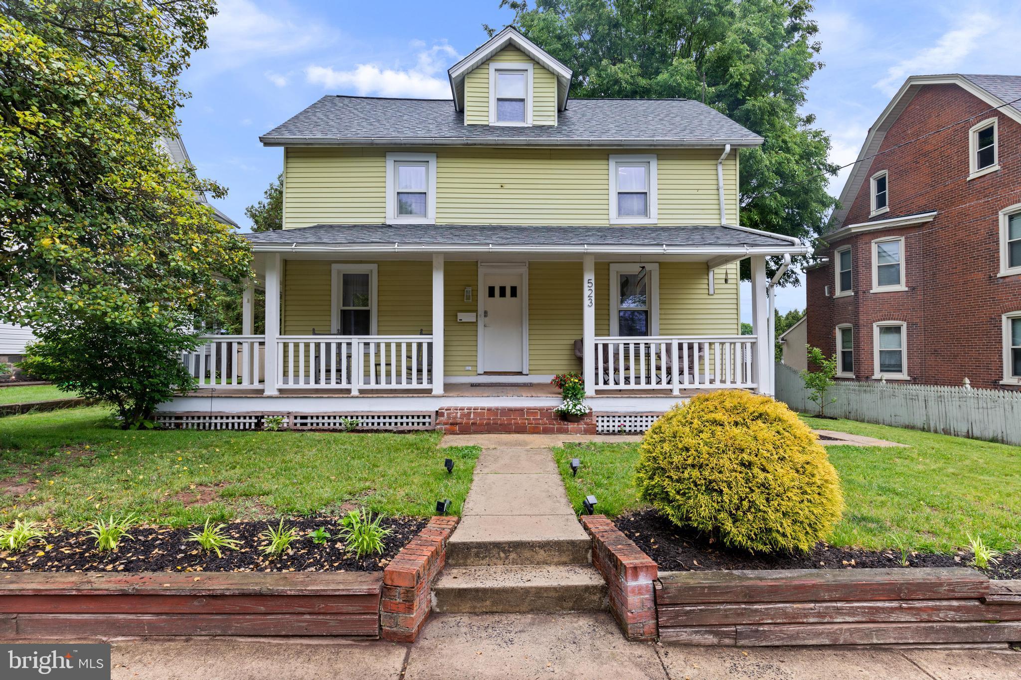 Charm abounds in this lovingly restored sunlight filled single, nestled on a quiet street in Perkasie Boro.  A wraparound porch greets you as you make your way up the front steps.  Entering the front door,  to your right of the staircase is one of the homes four bedrooms with an adjoining office that could also be used as a large walk in closet or nursery.   To your left is a generous sized living room that leads to the recently renovated chef's kitchen with a dining area and new adjacent half bath.  Upstairs there are three more bedrooms and a full bath. There are hardwood floors throughout.   Off the kitchen is a mud room that opens to a large fenced in yard. There are three outbuildings: two garages and a former dairy that has been used as a woodworking shop.  The home is walkable to the shops and restaurants in town and also the Patricia Guth Elementary School.   Make an appointment to see this special home today