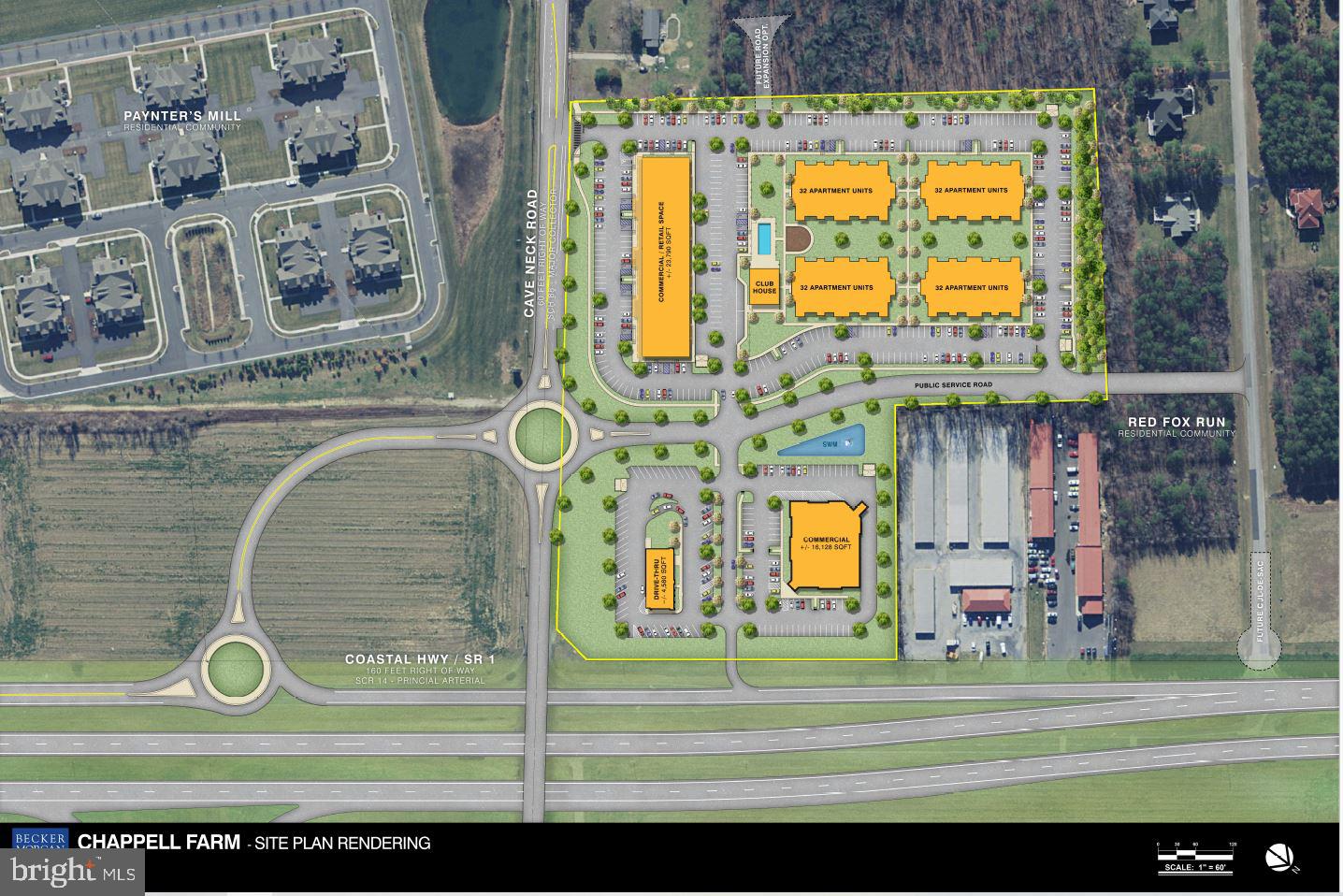 Chappell Farm now available - rare opportunity for approved site plan containing both commercial (three pad sites 23,790 SQ FT, 16,128 SQ and 4,580 SQ FT - totaling 44,98 SQ FT with parking and residential units (up to 128 units, pool, parking, fitness center) at the intersection of Cave Neck Road and Route One.  Site plan available upon request.  *Site plan subject to change at any time.