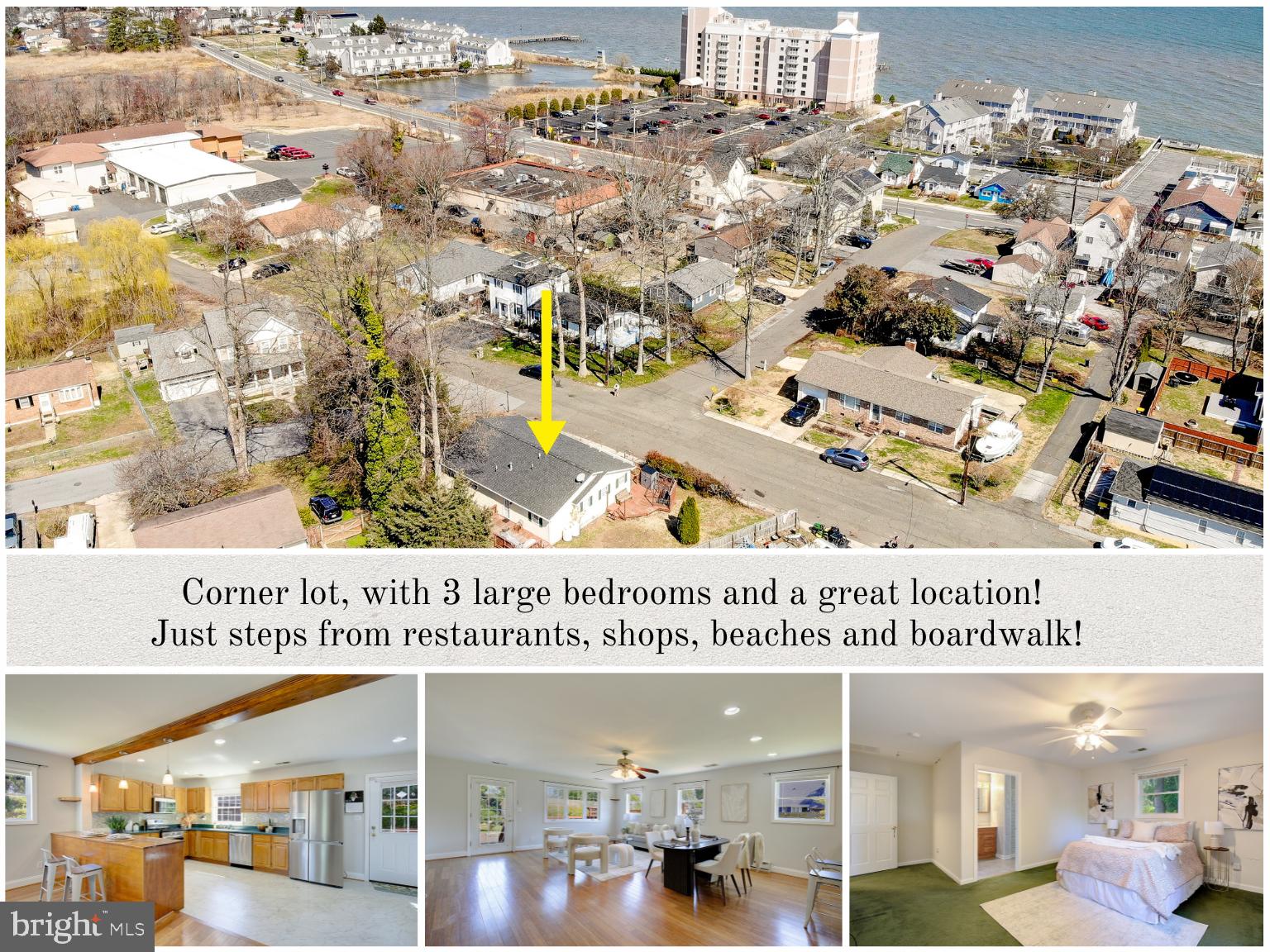 Prime One-Level Living in the Heart of Chesapeake Beach – Walk to Everything! Discover effortless beach town living in this charming 3-bedroom, 2-full-bathroom rambler perfectly positioned in desirable Chesapeake Beach. Enjoy true one-level convenience with no stairs to navigate and an open concept kitchen. This home sits on a corner lot just steps from the vibrant heart of the Twin Beaches.  With easy access to the scenic boardwalk, beaches,  boutique shops, and an array of top-rated restaurants and cafes. You're literally moments away from dining at one of the area's finest spots, Baia Coastal Italian Kitchen & Wine Bar, renowned for its fresh seafood, house-made pasta, and stunning waterfront views. Inside, the open-concept layout seamlessly connects the spacious living room, dining area, and large kitchen—perfect for gatherings and everyday flow. Beautiful hardwood floors grace the common areas, adding warmth and timeless appeal. The kitchen is complete with Corian countertops, plenty of workspace, and brand-new stainless steel appliances. The entire home has been freshly painted throughout for a bright, move-in-ready feel. All three bedrooms are generously sized—a rare find in the Twin Beaches area—offering ample space for family, guests, or a home office. The level, easy-to-maintain yard is framed by a front deck and back deck, creating wonderful outdoor spaces (decks could use a little TLC to make them shine even brighter). Additional highlights include off-street parking for convenience, new HVAC (2024), new Water Heater (2024) and water views from the property, with exciting potential for enhanced bay vistas if a second story is ever added in the future. Live the Chesapeake Beach lifestyle—beach days, boardwalk strolls, fresh seafood dinners, and sunset views—all right at your doorstep. Don't miss this rare opportunity for single-level coastal charm in an unbeatable location!