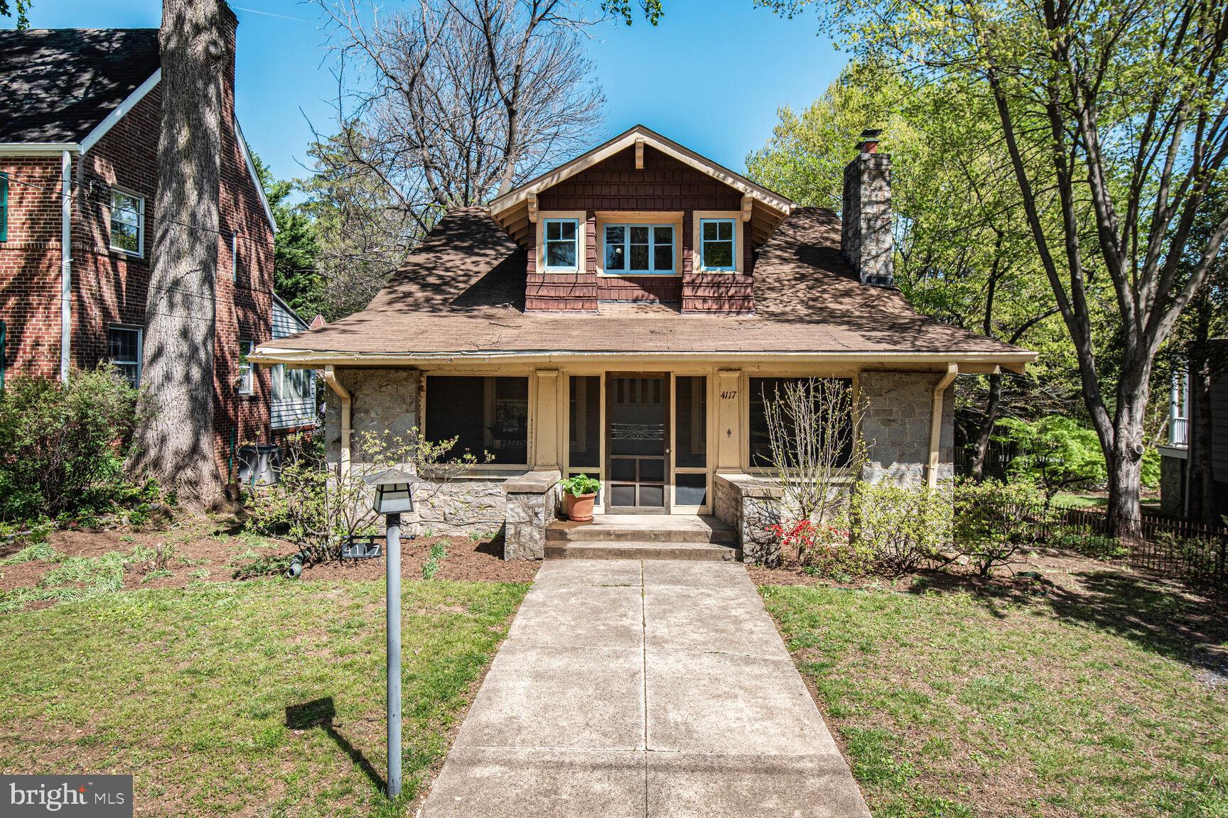 Charming 1915 “Arts and Crafts” home situated on a lovely tree-lined street in the Town of Chevy Chase, one of the areas most sought after neighborhoods. The “Town” provides excellent services, and a calendar full of community events - seasonal gatherings/parades/celebrations, authors/interesting topical discussions, and many more activities, plus town and county parks, including the popular Leland Park and Recreation Center. Convenient to Metro, commuter bus lines, the Beltway, and easy access to airports, employment centers, shopping, theaters, dining, health care, and downtown DC museums and cultural events. 

Main floor front rooms with lovely, unique period details: original antique light fixtures and window glass, leaded glass panels, stone fireplace and built-ins, offer amazing potential for first floor living with spacious Living Room, formal Dining Room, Table Space Kitchen, large Bedroom, a Family Room or Den and full Bath with separate tub and shower. Three ample bedrooms on the upper level with deep closets. Dry storage in the lower level with tall ceiling in the former garage - great space for a future Rec Room and/or workout room. Abundant natural light.  The charming screened front porch is a perfect spot to enjoy summer evenings.  

Bring your contractors, architects, designers and imagination to see how this charmer can become your  cherished home. PLEASE SUBMIT OFFERS BY 2PM TUESDAY 4/29. Thank you
