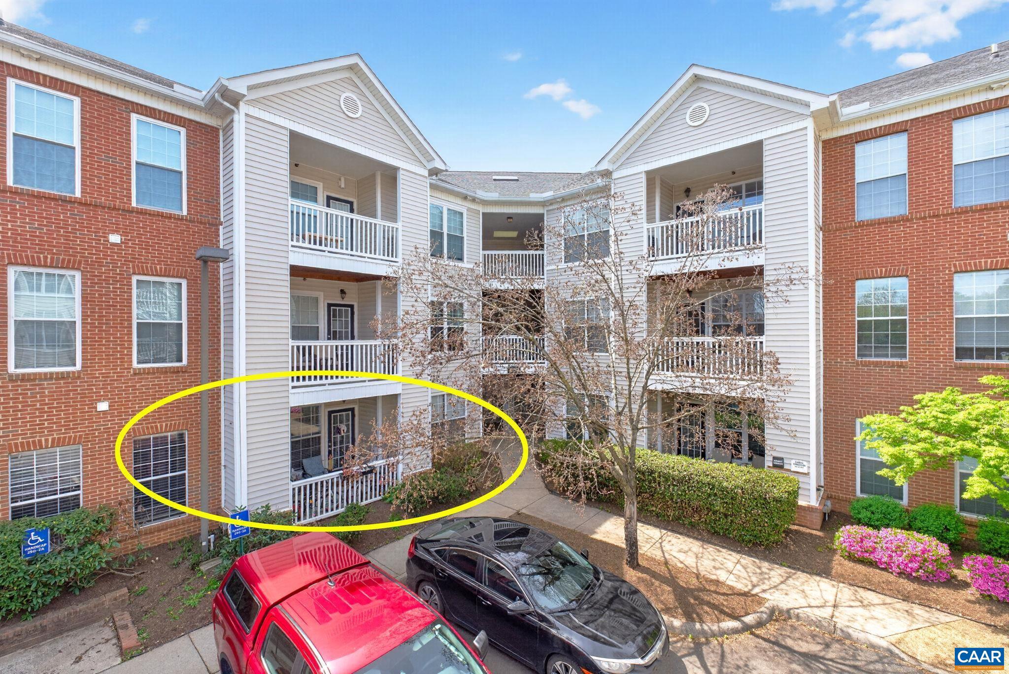 Main level condo with covered patio convenient to all things Charlottesville and the Rivanna Trail! No step entry and ample parking just outside your door.  New HVAC (2025). Updated luxury vinyl plank flooring throughout. Nice size, open concept living, kitchen and dining space. Two nicely separated bedroom suites each with private full baths: one with an updated tile walk-in shower and the other with a shower over the tub. Kitchen has been updated with corian countertops and features stainless appliances, pantry closet and built-in desk. Laundry room with full size washer & dryer. Enjoy a covered patio with closet for added storage.  Walk to grocery, shopping and restaurants. 2 miles to the Historic Downtown Mall. 3 miles to I-64. Walk/bike to the Rivanna River with miles of nature trails. Make a pit stop at a brewery or local pizza place. Current lease ends July 2026.