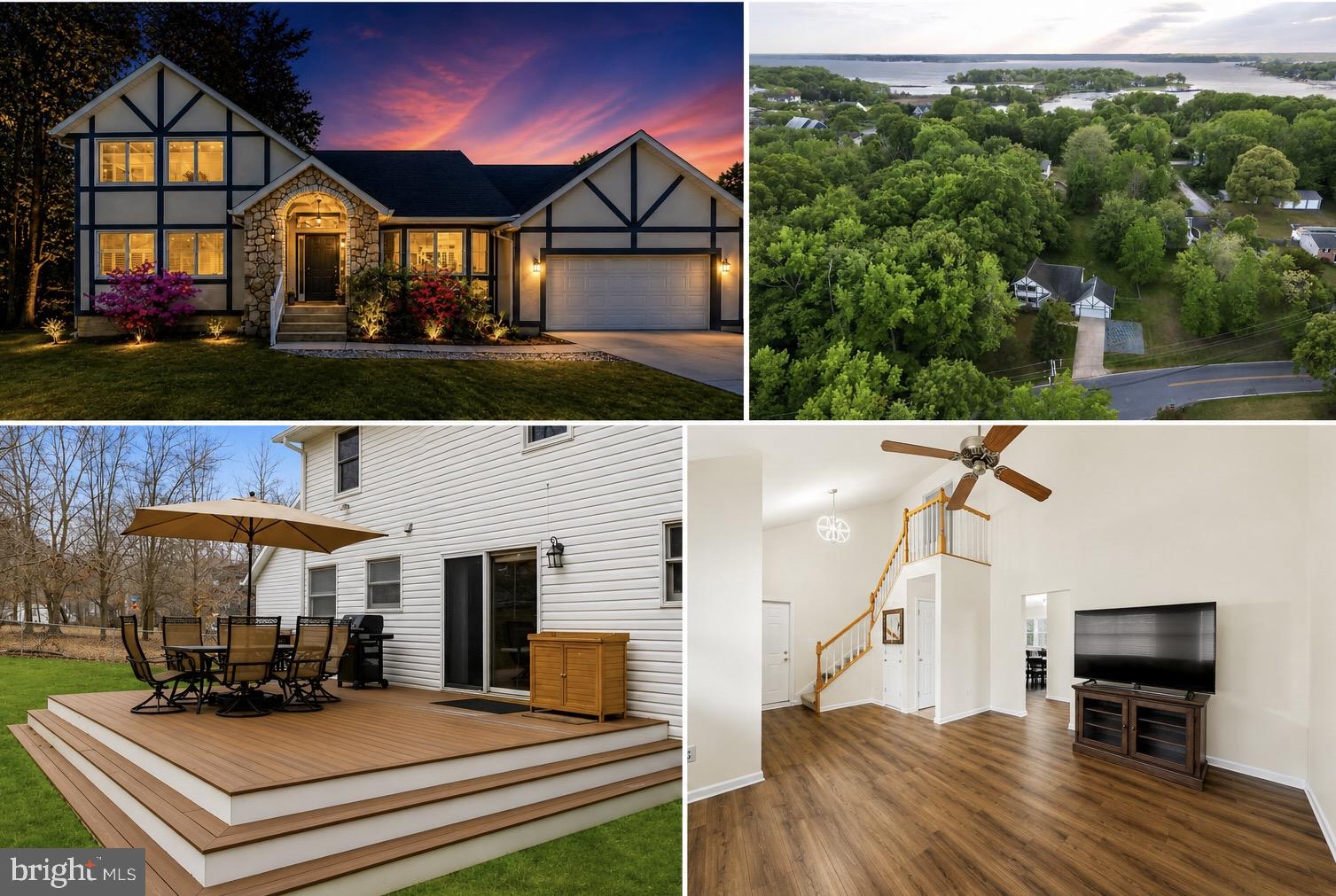 Welcome to this beautifully maintained custom built Tudor Style home in the small coastal community of Oyster Harbor! With a primary suite and full bath on the main level and another primary suite with full bath on the upper level, this home is perfect for multi-generational living! The upper level features 3 spacious bedrooms and 2 full baths; the main level has 1 bedroom and 1.5 bath; and the lower level has another full bath and several areas to make 2-3 additional bedrooms. The huge 1,100 sqft finished lower level has multiple rooms including a large rec room that can fit a pool table, games and a bar area; plus a family room or theatre room and private entrance! There is even space for a kitchenette! There are so many possibilities with this extra space including an apartment or in-law suite! The laundry is located on the main level in the mudroom off of the garage so you don't need to go to the basement to do laundry.  Situated on almost a half of acre and only 2 blocks to the Chesapeake Bay! The backyard is fully fenced in and ready for summertime entertaining! The lot next to the home is a preserved wooded lot that offers privacy and attracts wildlife. This home is nestled between Oyster Creek, Fishing Creek, and the Chesapeake Bay. Oyster Harbor offers the best of Coastal Maryland living—just minutes from historic downtown Annapolis, top-rated restaurants, shopping, and commuter routes. Quiet Waters Park is only minutes away with walking trails, dog park/beach, concerts, ice skating, and so much more! The home has been well cared for and maintained. Recent updates include: HVAC, water heater, main level LVP floors that are very durable, trex deck and renovated front porch with tile, custom plantation shutters, renovated primary suite and luxury full bath, front load w/d, freshly painted epoxy floor in basement, professionally cleaned, professionally landscaped...and more! Sellers are motivated and ready for another family to make this their home! MOVE-IN READY AND A MUST-SEE! You won't find many homes with this lot size and location for this price. The lot offers extra space for parking a boat, RV..and more. Schedule your showing today! OPEN HOUSE SUN  1-3PM!