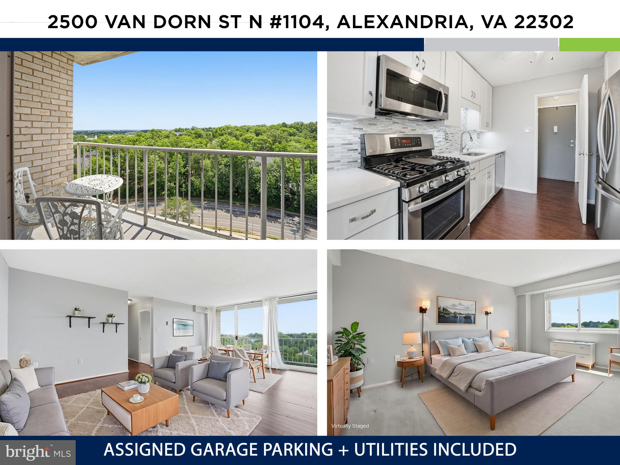 Looking for the perfect combination of value, condition, and location? Welcome to this exceptional condo offering panoramic treetop views, assigned garage parking, and all utilities included (except internet and cable) — all priced below tax-assessed value! Rarely available, this nearly 1,000-square-foot model with garage parking is a standout opportunity.

Inside, you’ll find an updated kitchen featuring white shaker-style cabinetry, quartz countertops, a stylish backsplash, stainless steel appliances including a three-door refrigerator, and a gas range. The sun-drenched living room features oversized sliding glass doors that open to the balcony, showcasing serene tree-lined views — a true premium in this community — with added privacy and even views toward Old Town Alexandria.

The spacious living and dining areas flow seamlessly together, creating the perfect setting for everyday living and entertaining alike. Two generously sized bedrooms complete the home.

Residents enjoy an amenity-rich building with concierge service, two laundry rooms on every floor, two fitness centers, an updated community room, and a stunning outdoor pool perfect for relaxing on warm summer days.

The location is unbeatable! Adjacent to Fort Ward Park with walking trails and playgrounds, and less than a mile to Bradlee Shopping Center featuring Fresh Market, CAVA, Chipotle, Walgreens, Tropical Smoothie, Alexandria Pastry Shop, Michaels, and more. Conveniently located just minutes to Washington, DC, Shirlington, The Pentagon, Old Town Alexandria, and Reagan National Airport. Commuters will appreciate the bus stop directly outside the community and easy access to I-395.This is truly an incredible opportunity offering outstanding value, modern updates, and an unbeatable location!