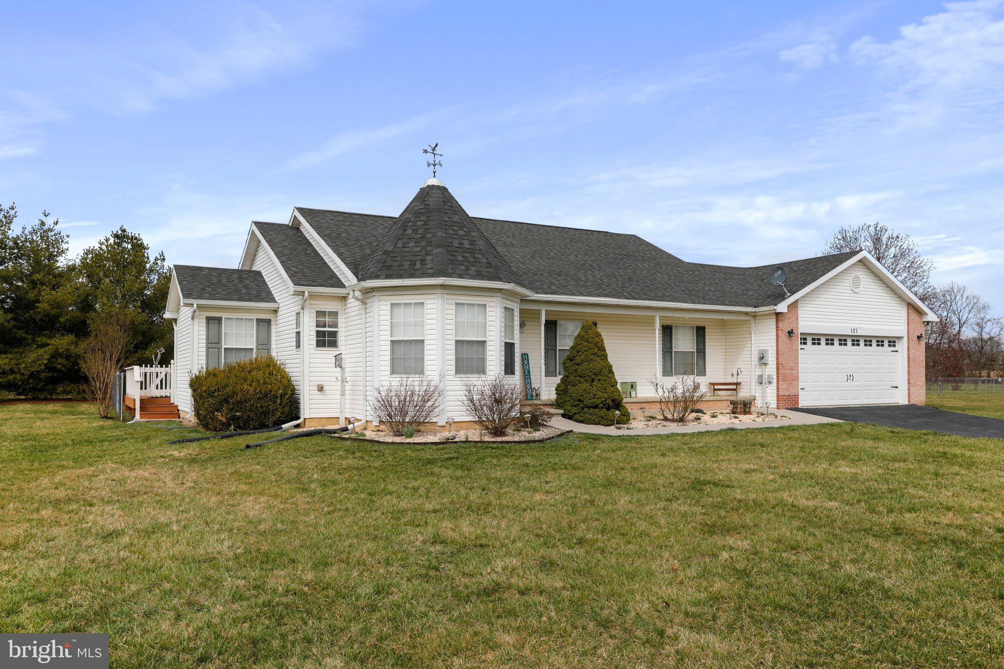Open House 3/16, 11-2!  Well maintained 1600 ft., 3 bedroom 2 bath ranch on almost a 1/2 acre level lot. Located south of Martinsburg close to Inwood.  Kitchen includes breakfast area with 13 ft. turret ceiling. Open living room/dining room area with access to deck.  Large Master bedroom with adjoining bath and jacuzzi/soak tub.  Great deck overlooking  large fenced yard  for children or pets. Nice  shed for your gardening/storage needs located outside the fenced yard.  Attic with pull down stairs in garage for extra storage.   Encapsulated crawl space with access from interior of home.   Relax in this quiet neighborhood and enjoy the privacy of a large backyard or sit and relax on the covered front porch.  Conveniently located close to Inwood, P & G, Amazon and Clorox Companies.  Don't miss this one!