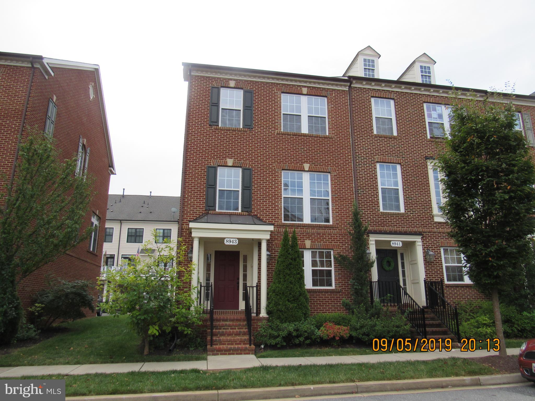 End Unit Town Home located in the popular Villages of Urbans.  This community features outdoor pool, walking and hiking trails, gym, community center and cluster mailboxes.  It is located next to Urbana District Park and within walking district to the Market District and Urbana Library. Also close to Military Bases, schools, shopping and restaurants. This home looks brand new and is fresh as a daisy.  Walk into the lowest level and you will find a foyer, coat closet, family room with carpet, 1/2 bath , laundry room with new washer & dryer and entrance to the 2 car garage with openers and remotes. Moving upstairs through the wide stairway into the main living space.  Hardwood floor graces this level which contains  the kitchen, eating area/morning room and living room with 2 sided gas fireplace.  The kitchen features maple 42" cabinetry, granite countertops, island and breakfast bar.  The appliances are black and the kitchen is equipped with a double wall oven, counter top gas stove, disposal, microwave, refrigerator with ice and water on the door and pantry.  Pendant lighting and recessed lighting illuminate the kitchen. There is plenty of space for a large table or sitting area. French doors lead you out to the balcony overlooking the back of the house. Enjoy your morning cup of coffee relaxing on the deck. The living room features a 2 sided gas fireplace to add to the ambiance of the room.  Large windows allow the naturally filtered light to flow into this room.  Once you arrange your furniture, you will find that you have plenty of seating area. Heading upstairs you will find three nicely sized bedrooms and 2 full baths. At the top of the stairs is a museum niche for your favorite painting or statue.  Let's start with the master bedroom. High ceilings, 2 walk in closets, window blinds and carpet grace this room.  It has an en suite master bath with shower/tub combination surrounded by ceramic tile, 2 sinks and plenty of space for your toiletries. The other two bedrooms are nicely sized and come equipped with blinds, carpet and nice closet space. The hall bath with shower/tub combination will accommodate the 2 bedrooms.  Application will be online and the link will be included in the remarks. Beautiful home ready for tenants.  Lease can be 1 year to 3 if needed .  Please call agent as we are using mysmartmove.com $40 per person and we will need to put you in the system. An application will be sent to you.