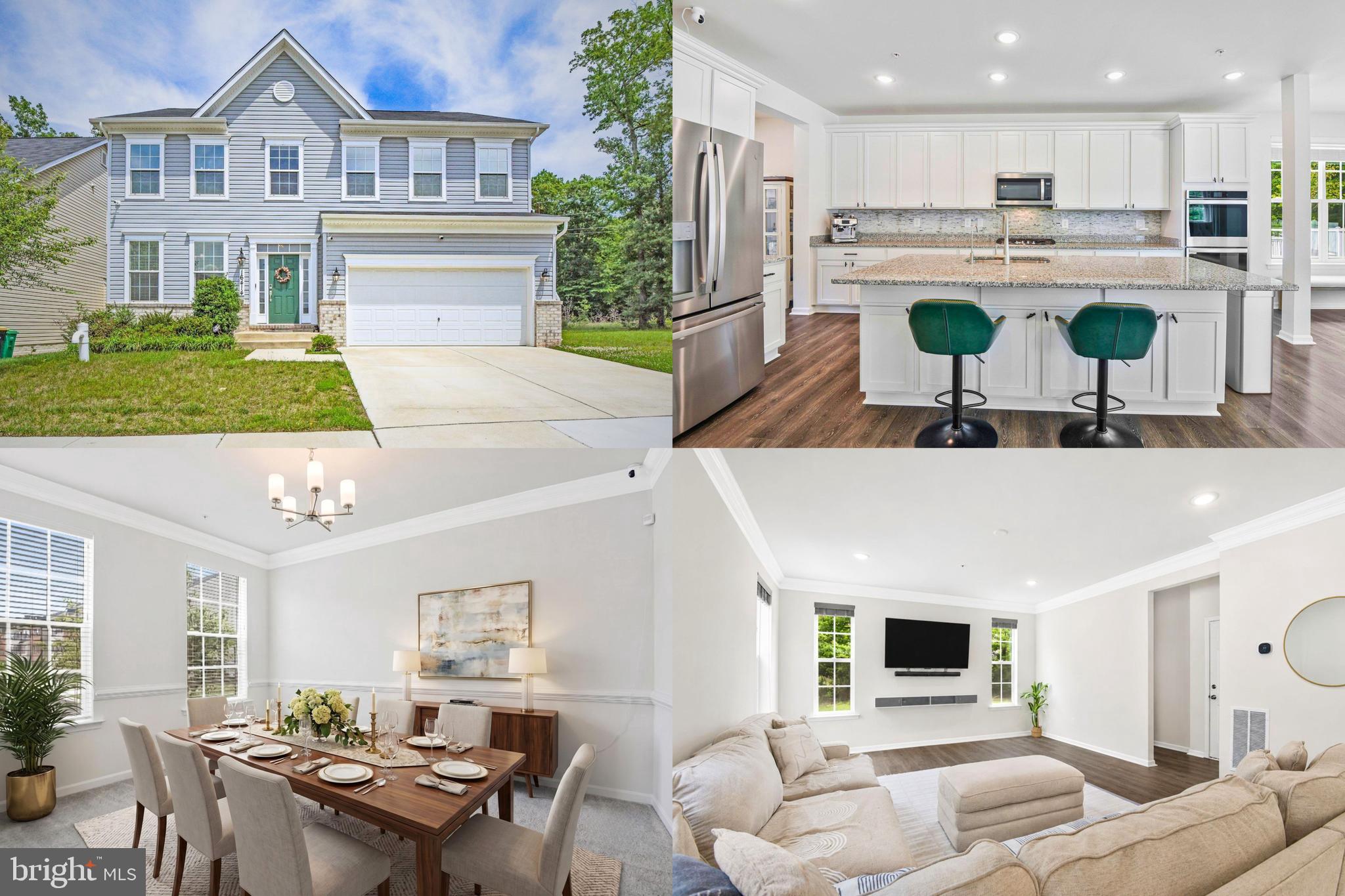 Stunning colonial offering spacious living, thoughtful design, and versatile indoor and outdoor spaces. A welcoming interior features 9-foot ceilings, crown and chair rail molding, recessed lighting, and an open floor plan designed for everyday living and entertaining. The kitchen is equipped with granite countertops, a tile backsplash, gas cooktop, double ovens, a butler's pantry, a large center island with bar seating, and a bright breakfast area surrounded by windows. Formal living and dining rooms provide additional gathering spaces, while the family room serves as a comfortable central hub of the home. The primary suite offers a private retreat with two walk-in closets and an en suite bath featuring a soaking tub, separate shower, private water closet, and dual vanities. Additional upper-level highlights include a spacious hall bath with double sinks and a conveniently located laundry room. The finished lower level provides expansive recreation and entertainment space, along with a rough-in for a future bathroom. Outside, enjoy a fully fenced backyard that backs to trees, creating a peaceful setting for outdoor activities. The patio offers space for dining and relaxation, and the attached two-car garage, driveway parking, and available street parking provide ample vehicle accommodations. Residents enjoy access to community amenities including basketball courts, tennis courts, playgrounds, a tot lot, and a clubhouse. Conveniently located near shopping, dining, entertainment, major commuter routes, and transportation options serving Washington, D.C., Joint Base Andrews, and Northern Virginia. Photos may be virtually staged