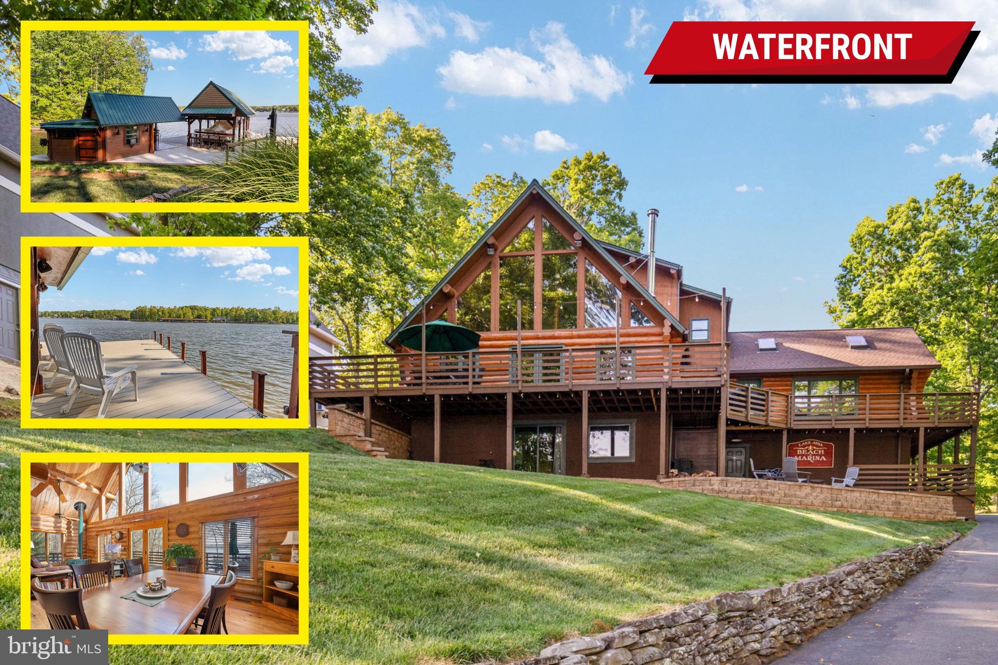 One-of-a-Kind Custom Log Home | 150 Feet of Public-Side Waterfront | Priced Well Below Recent Appraisal.

There is no other home like this on Lake Anna, and that is not marketing language. The hand-hewn logs that form this stunning custom retreat were sourced from Montana and assembled by craftsmen into a residence that turns heads before you even reach the front door. This is not a log-inspired home. It is the real thing.

A fresh independent appraisal values this property at $1,810,000 (report available). For a buyer who understands value, that gap says everything.

Arrive via a long, private paved driveway that sets the tone immediately. From the moment you step onto the property, the scale and craftsmanship of the construction command attention. Three finished levels. Four bedrooms. Three full baths. 3,837 square feet designed around the lake.

The south-facing main level is anchored by a custom kitchen thoughtfully oriented toward the water, outfitted with Dekton countertops, a Bosch induction cooktop and dishwasher, an LG electric convection wall oven, and dual microwaves, all beneath soaring A-frame windows with open water views. The kitchen flows into an open-concept dining and living area centered around a Vermont Castings wood-burning stove and solid white oak hardwood floors. Expansive glass doors and a full wraparound deck extend the living space outdoors, with unobstructed lake views from every angle. A main-level bedroom and full bath round out this floor for convenient single-level living.

Upstairs, a loft with dramatic A-frame windows offers sweeping views of the lake. The primary suite occupies its own private wing on this level, complete with a generous en-suite bath and a dedicated home office overlooking the water.

The walkout lower level is an entertainer's dream: a bar and den area, an additional bedroom, a full bath with a large air-jet tub, and a mechanical room as meticulously maintained as the rest of the home. The bar is hard-wired for speakers that extend through the bathroom and out to the fire pit area, a fully integrated sound system for every occasion. Direct access to the attached two-car garage completes this level.

Step outside and follow the paved path from the decking to your private boat and jet ski launch, then down to the crown jewel of this property: an expansive boathouse in approximately 9 feet of water depth, featuring a boat slip with a lift built from aluminum dock material and a large sun deck. Adjacent to the boathouse, a true four-seasons cabana, equipped with heating, cooling, WiFi, a TV, a bar area, and hardwired surround sound, creates a waterfront entertaining destination unlike anything else at Lake Anna. Watch a game with the heat on in January. Host a party at the water's edge in July. Approximately 150 feet of total shoreline, with 90 feet bulkheaded for erosion protection.

Custom lighting throughout. LG washer and dryer. High-speed internet available. Short-term rentals are permitted. A professional STR earnings potential report from a firm specializing exclusively in Lake Anna lakefront rentals is attached in the MLS documents, the numbers speak for themselves.
Wyndemere community amenities include three marinas with private boat launches, boat slips, waterfront picnic areas, tennis, pickleball, and basketball courts.

Optional boat and furniture package available, see attached MLS documents. 3D tour and video tour available. Schedule your private showing today.