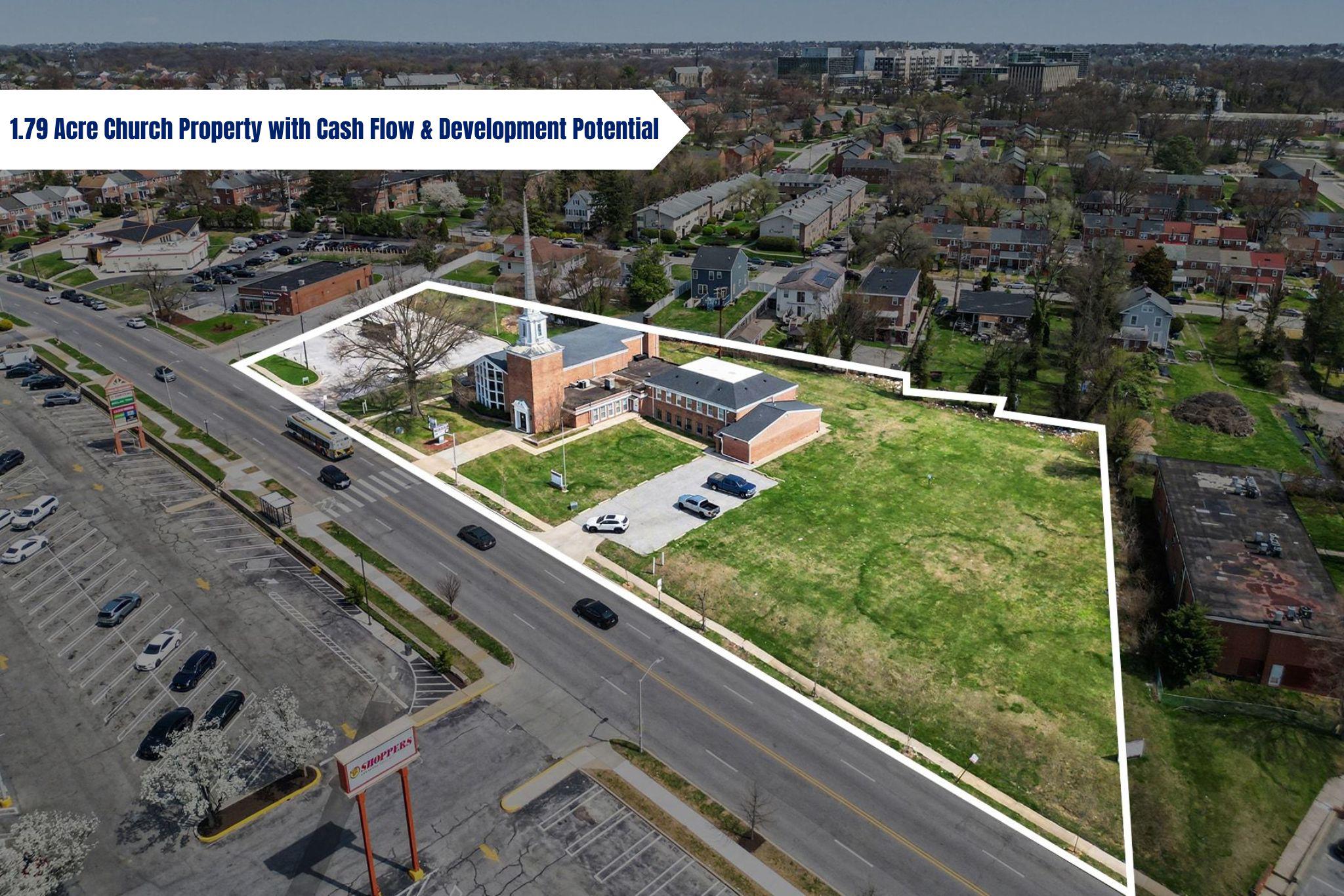 The Martin Home Group and CB Realty are pleased to present the opportunity to acquire the Greater Church of the Risen Savior, a versatile 1.79-acre campus situated in the established Woodbourne Heights neighborhood of Baltimore. This unique asset combines a substantial 12,000 SF special-use facility with a significant land footprint, offering both immediate utility for an owner-user and long-term value via strategic redevelopment.
Originally designed to support a vibrant community, the improvements include a 300-seat sanctuary, a 60-person fellowship hall with a commercial-grade kitchen, five private offices, and two conference suites. The property is further enhanced by 20+ paved parking spaces across two lots. Recent upgrades include roof, oil heating system, boilers, hvac, and water heater. The investment is further de-risked by immediate cash flow from a strategic parking lease with the neighboring Bank of America, providing a unique covered-land-play advantage during any potential transition or redevelopment phase.
Situated in Central Baltimore, the campus occupies a high-visibility position directly across from The Alameda Marketplace and less than one mile from MedStar Good Samaritan Hospital. The site benefits from exceptional connectivity to major commuter corridors and public transit, placing it at the center of a dense residential and retail hub. As Baltimore continues to prioritize adaptive reuse and neighborhood revitalization, this 1.79-acre footprint offers a rare, scalable opportunity for institutional or community-driven reinvestment in a high-demand submarket.