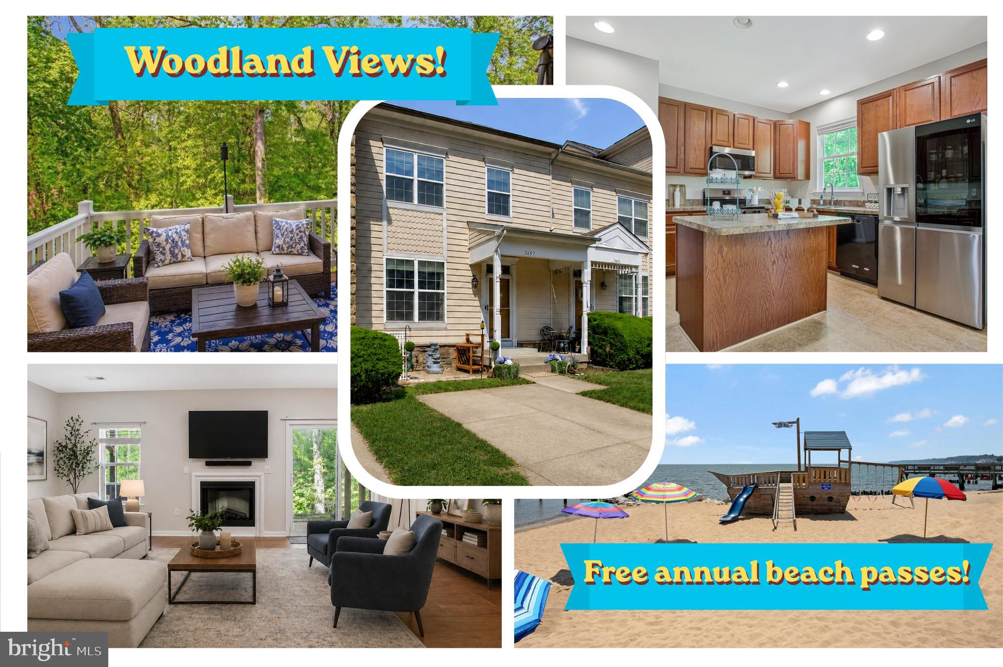✨ Enjoy highly rated schools and FREE ANNUAL BEACH PASSES with this BEAUTIFULLY UPDATED, MOVE-IN READY 3-level townhome in the charming waterfront town of North Beach! ✨ Offering 3 bedrooms, 3.5 baths, and a versatile bonus room in the walk-out basement, this home has been completely refreshed and shines throughout. ✨ You'll like having your own 2-car long driveway, and  a welcoming front porch  that adds curb appeal, while inside you’ll find FRESH PAINT THROUGHOUT in an on-trend light neutral color.  The TALL CEILINGS on the main level add to the spacious ambience.  The large living room features stylish, BEAUTIFUL realistic-looking  LAMINATE PLANK flooring and plenty of functional wall space. ✨ The EXPANSIVE KITCHEN offers abundant cabinet and counter space, a pantry closet,  an ISLAND with snack bar,  and a STAINLESS STEEL upgraded refrigerator (2024) and BRAND NEW stainless steel STOVE and microwave!  Sunshine streams into the adjacent dining area, via sliding glass doors that lead to a low-maintenance DECK OVERLOOKING PICTURESQUE WOODED OPEN SPACE—perfect for relaxing or entertaining. ✨ Upstairs, enjoy ALL NEW CARPETING and a stunning PRIMARY SUITE WITH VAULTED CEILING, walk-in closet, and a luxurious bath with soaking tub, separate shower, and double vanity. ✨ Two additional bedrooms with ample closet space share an updated hall bath. ✨ The upstairs laundry, with high-capacity washer and dryer (2022) is extra convenient and time saving! ✨ The LEVEL WALK-OUT BASEMENT, with  tall ceilings,  adds even more living space, featuring new carpeting on the stairs and in the big bonus room,  an updated full bath,  plus a spacious FAMILY ROOM with lovely LAMINATE FLOORING and a DECORATIVE FIREPLACE. (The fire-box chase can be retrofited in the future with an electric or gas fireplace insert, if desired. The existing electric insert is non-functional and strictly decorative and sold as-is.)   Sliding doors lead to a patio and yard backing to HOA open space and woods.  ( One big bonus to note:  the HOA will mow the backyard as long as it remains unfenced!!)  ✨ Ideally located in the sought-after San Francisco by the Bay community, this home is approximately six blocks (.6 mi)  to the scenic bayfront boardwalk.  ✨  North Beach is known for its HIGHLY RATED SCHOOLS and a walkable, small-town lifestyle with sandy beaches, restaurants, shops, parks, and a new public library with multiple decks overlooking the bay, all within easy commuting distance to Andrews AFB, Annapolis, and Washington, D.C. Don’t miss your chance—schedule your tour today!