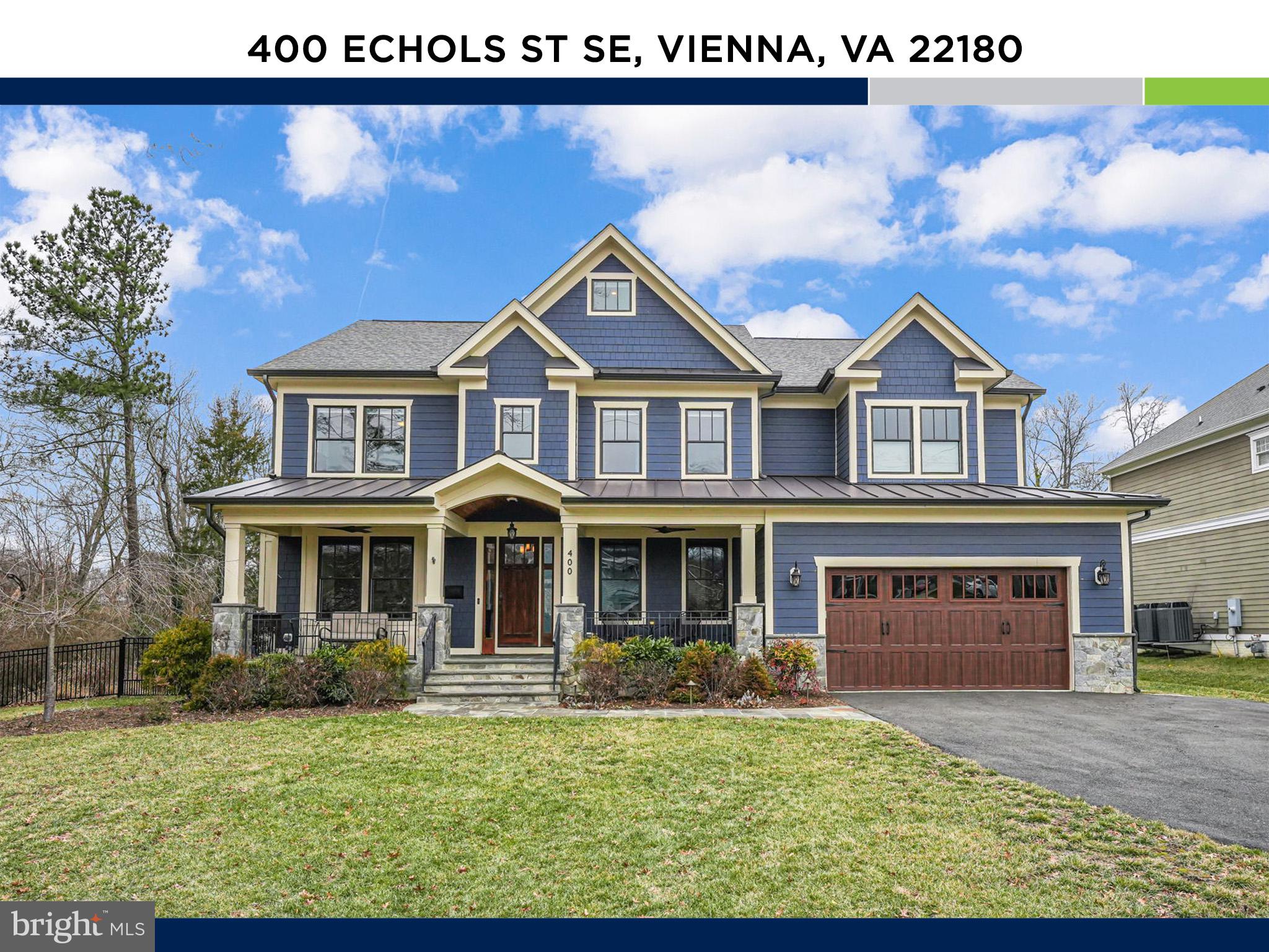 NEW PRICE!!! Welcome to 400 Echols St., a stunning custom-built craftsman masterpiece spanning over 8,500 square feet throughout four levels on more than half an acre, just three blocks from downtown Vienna! Completed in 2017, this home combines thoughtful design with the modern features you’d expect in new construction, including elegant millwork, sand-in-place hardwoods, 9-foot ceilings, and so much more. The main level is an entertainer’s paradise! The gourmet kitchen is a chef’s dream, featuring leathered granite countertops, shaker-style soft-close hardwood cabinetry, a wall oven, a porcelain farmhouse sink, stainless steel appliances, and a gas-burning range with striking red accents. A sunny dining nook overlooks the picturesque backyard, while a massive mudroom with custom cubbies connects seamlessly to a perfectly organized pantry. The kitchen flows into a luxurious family room with coffered ceilings and a two-sided gas fireplace with a slate façade. Additional highlights of this level include a formal dining room, a living room that doubles as a home office, and a main-level bedroom with a full bath. Upstairs, the primary suite is a true retreat, spanning the entire width of the home and overlooking your beautiful yard lined with trees. This private haven features hardwood floors, tray ceilings, a double-sided fireplace, and a sitting area leading to a massive private deck overlooking the tranquil outdoor space. Two oversized walk-in closets and a spa-inspired bathroom complete this oasis. The bathroom boasts a FAR infared therapy sauna with space for three, an air-jet soaking tub, a walk-in rain shower, a water closet with a bidet, and a double vanity. Three additional large bedrooms with excellent closet space, two bathrooms, and a laundry room with custom built-ins make this level as functional as it is beautiful. The bonus fourth level adds incredible versatility, offering a recreation room, bedroom, and a half bath (with a rough-in for a full bath). The expansive lower level features a recreation room with a sleek linear fireplace, a media room, a bedroom, a full bathroom, and two storage rooms, one of which is hidden behind a secret door that would be perfect for a wine room. A massive unfinished storage space is located under the garage, with over 500 square feet of space! This room is unique to residential construction and was built with engineered precast panels running from end to end, eliminating intermediate supports and maintaining 8 ft ceiling height. This room offers unparalleled capacity for all your storage needs or even creating a secure room. An extra bonus to the home is the natural gas generator that conveys! Outdoor living shines in this home, starting with the covered porch off the main living area. Cozy up to the double-sided gas fireplace in the winter or enjoy alfresco dining in the summer. The large, flat backyard is perfect for soccer games, fetch with your pets, or relaxing in the sun. The delights continue with the adorable backyard shed providing even more storage for tools and equipment and a garage that is impeccably organized with built-in racks and plenty of room for your vehicles.  The location is unbeatable--just blocks from downtown, you'll love the easy stroll to Fresh Market, Whole Foods, South Block, the newly renovated Vienna Community Center, the Vienna Inn, and many more shops and restaurants, or you can hop on the nearby W&OD Trail for a scenic bike ride or run to Arlington to Loudoun County. Commuters will appreciate being under two miles from Greensboro Metro and minutes from major routes to D.C., Arlington, and Reston! Living in Vienna means access to a vibrant community with events like the Halloween Parade and Viva Vienna, plus highly rated schools (according to Great Schools) in the Vienna Elementary (8/10), Thoreau Middle (7/10), and Madison High (8/10) pyramid. This home truly offers the best of luxury, convenience, and charm!