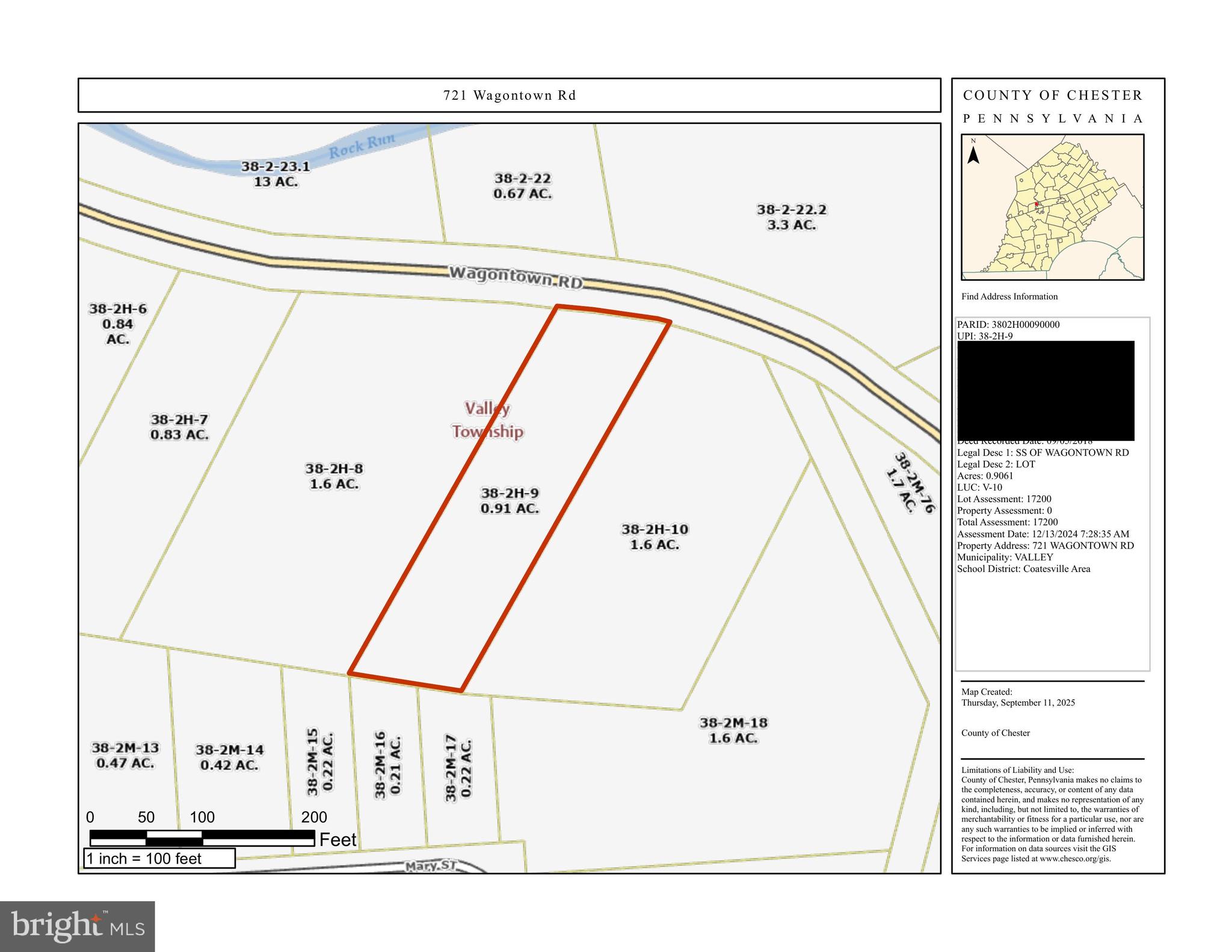 A 0.91-acre wooded parcel located in Valley Township, Coatesville (Chester County), legally described as Lot at 721 Wagontown Rd.  This lot presents a unique opportunity for a builder or homeowner seeking privacy and flexibility. With road frontage and nearby residential development, it offers potential for a custom home site or future investment. 
 
Utilities & Infrastructure 
-Public water service is available 
-Public sewer is available; a tap-in fee will be required to connect. Private sewer options may also be considered 
-Electric service is accessible in the vicinity 
 
Zoning & Land Use 
-Zoning: R Residential 
-The property is designated as “Vacant Land” under county usage descriptions 
 
Lot Details & Tax Information 
-Size: 0.91 acres ≈ 39,639 square feet) 
-Assessed land value: $17,200 
-Annual property tax: approx. TBD — confirm with Chester County assessment office 
 
Building & Regulatory Notes 
-Buyers should confirm all setback, coverage, subdivision, and building requirements with Valley Township and Coatesville municipal offices 
-Any development or subdivision will be subject to local requirements for site grading, stormwater management, driveway access, and compliance with public health regulations 
 
Additional Opportunity 
A package deal may be considered that includes the following nearby parcels in addition to this property: 
-Parcel ID: 3802H00080000 — 717 Wagontown Rd (1.60 acres) 
-Parcel ID: 3802M00750000 — 775 Wagontown Rd (0.55 acres) 
 
 
**Note:** 
-Additional information available upon request. 
-All information provided is deemed reliable but not guaranteed. Buyer is responsible for conducting their own due diligence, including verification with local municipalities, utility providers, and regulatory authorities. Neither seller nor broker shall be held liable for errors, omissions, or changes in property status or requirements.