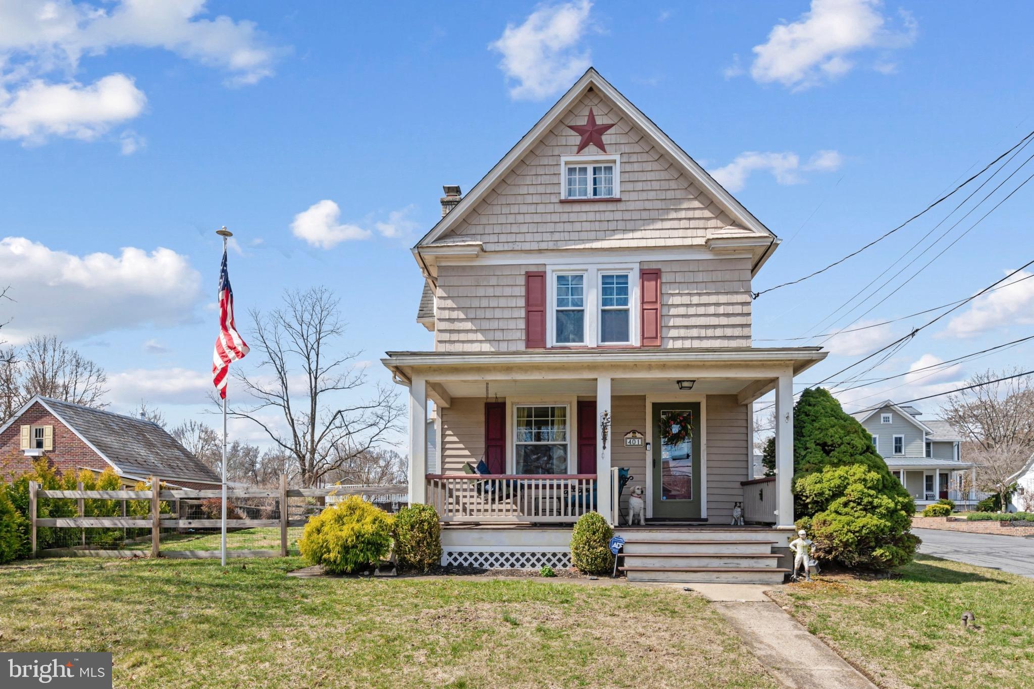 This three-bedroom, two-bathroom Colonial home is located in the charming river town of Riegelsville, PA, offering a tranquil setting while being just a short distance from downtown Easton and the NJ border. The home features a welcoming rocking chair front porch with a porch swing and retractable gate, providing a great spot to relax outdoors. Inside, the spacious eat-in kitchen includes a large center island with seating and skylights that fill the room with natural light and doors leading to the fenced in backyard. The first floor also offers a full bathroom/ laundry room combo w/ washer and dryer included, and a den/office space, along with a formal dining room with hardwood floors and molding. The cozy living room is equipped with a ceiling fan for added comfort. Upstairs, the master bedroom offers double closets, a window seat, and a ceiling fan. Two additional bedrooms share an updated full bathroom with a tub/shower combo. A large walk-up attic presents potential for additional living space. Outside, the fenced-in yard features a paver patio and an above-ground pool, creating a great environment for outdoor entertaining. The property also includes a garage and off-street parking, adding extra convenience.