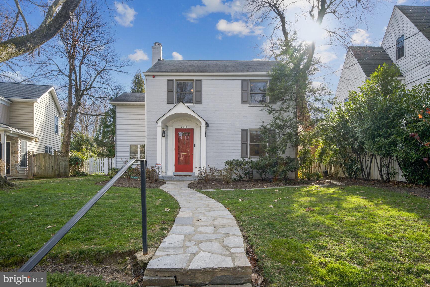 **Blocks to Bethesda Row!**.   Expanded Colonial with the perfect mix of DC 50's charm and new open kitchen and living off the back.   Cozy up upon entry to a  fireplace vestibule off the formal dining room.   The back family room has large windows and fully open to the generous white kitchen with built-ins wall study, pantry closet, eat-in dining space and sliding doors to the fully-fenced mature back yard.   The upper floor offers second floor laundry, two additional bedrooms and shared retro bath with tub.   The back addition offers a large primary suite with vaulted ceiling, picture window and a hall full of closets to the ensuite bath complete with double sink, skylights, glass shower, and jetted tub.   The unfinished basement is perfect for storage or the ability to add lower level living as your heart's desire.   Bethesda Chevy Chase cluster School and all just down the street from Butcher's Alley, Cork 57 and so many local favorites!   Blocks to crescent trail and Metro!