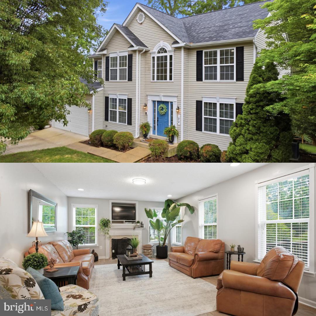 MUST SEE HOME!! Beautifully maintained and move-in ready, this spacious two-story home is tucked away on a peaceful cul-de-sac in the sought-after Jamestowne neighborhood, offering convenient access to Routes 301 and 210. The main level features newly installed luxury vinyl plank flooring, neutral paint, and thoughtfully designed living spaces throughout. The kitchen is appointed with maple cabinetry, newer quartz countertops, a center island, pantry, built-in desk workstation, and newer appliances including the refrigerator, dishwasher, and microwave. A built-in intercom and music system serves both the main and upper levels.The inviting family room is highlighted by a gas fireplace and large windows that provide plenty of natural light. In addition the first level has formal living and dining rooms, a private office or den with French doors, a refreshed laundry room, and a convenient powder room. Faux wood blinds throughout provide a cohesive finish.
Upstairs, the spacious primary suite features a large sitting room with a rough-in for a wet bar or coffee bar, a walk-in closet, and a freshly painted en-suite bath with dual vanities and a soaking tub. Three additional bedrooms complete the upper level, each with newly installed carpet, including two with walk-in closets, along with a shared full bath. The fully finished basement offers exceptional flexibility with a full bathroom, fifth bedroom or office, and an expansive 10' x 10' storage closet. A rough-in for a kitchenette or wet bar adds even more potential, making the space ideal for guests, multi-generational living, or a dedicated work-from-home setup.
Enjoy the peaceful wooded backdrop from the newly constructed Trex deck located just off the kitchen, complete with decorative lighting for relaxing or entertaining outdoors. Below, a beautifully stamped 600 sq. ft. walkout patio and matching stamped staircase lead to the driveway. Additional exterior features include durable vinyl siding, an 8-foot retaining wall, and a spacious two-car garage with room for storage and a workbench.
Major updates include a NEWER ROOF (2018), HVAC system (2016), and ENERGY-EFFICIENT WATER HEATER (2023). With its thoughtful updates, versatile living spaces, and tranquil cul-de-sac setting, this home offers the perfect blend of comfort, convenience, and functionality.