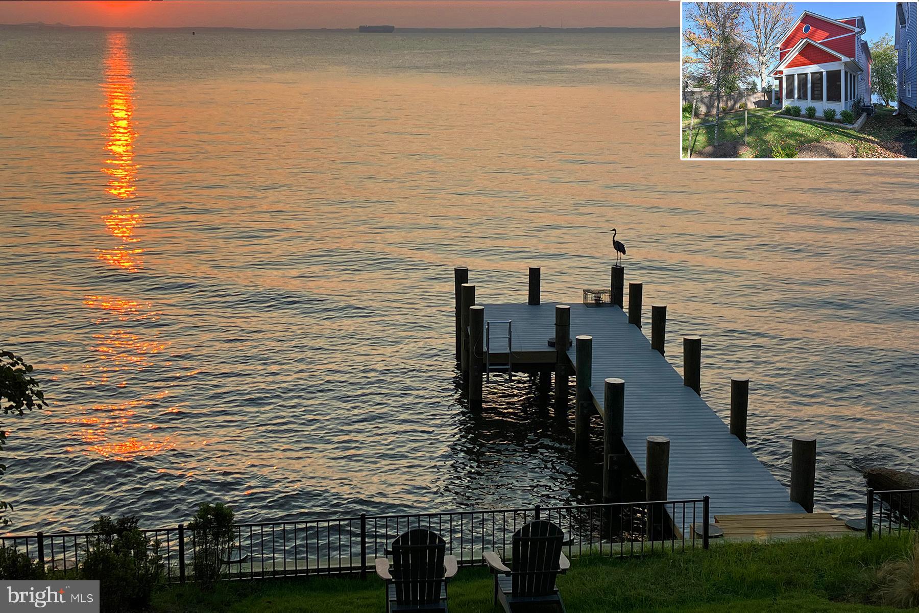 Gorgeous 3-bedroom home, built in 2020, offers unparalleled Chesapeake Bay views. From the moment you step through the 8 ft custom front door, you will appreciate the beautiful maple floors throughout and the huge water views through the wall of glass in the great room. The open floor plan allows for multiple seating and dining options. Step through 8 ft waterside doors to the large Timbertech deck and stroll down to the pier for a sundowner beverage. The great room has a gas fireplace and built-in shelves. The gourmet kitchen includes quartz counters, and a Sub-zero refrigerator, Bosch wall oven, Asko dishwasher & Wolfe induction cooktop. There’s a walk-in pantry for additional storage. Just off the foyer is a 10 ft high screened porch with knotty pine ceiling and slate floor for those summer crab feasts. The main level also features a bedroom currently used as a home office, and a full bath.
The waterside of the 2nd floor is the incredible primary suite. WOW! It is approximately 600 SF and has 16-foot cathedral ceilings, a private deck, two walk-in closets, and the same gorgeous maple floors. The ensuite bathroom has a dual sink zebrawood vanity with quartz top, and a dual head shower with unobstructed Bay views. The bedroom suite has unique, shaved Scandinavian Birch hanging light fixtures and electric shades. The second level has another bedroom with vaulted ceiling, and a spacious hall bath with soaking tub and separate shower. A dedicated laundry room has front-loading machines. The versatile top level is used as an extra bedroom but could be a home office or exercise area. The full basement is the perfect rec room. Plan your parties around the pool table or a large-screen TV.
One of the benefits of this location is that it feels so removed from city life, but it is an easy 12 minute drive to the heart of Annapolis. Or, access commute routes in 15 minutes. Some of the details not to miss: 240V electric vehicle charge port installed at top of driveway; home achieved SILVER status with the National Green Building Standard; public water and sewer and whole house sprinkler system; crabbing pier has composite decking and is less than 3 years old; home is NOT in a floodplain (basement slab is at elevation 12.5); and, of course, the unbelievable views.