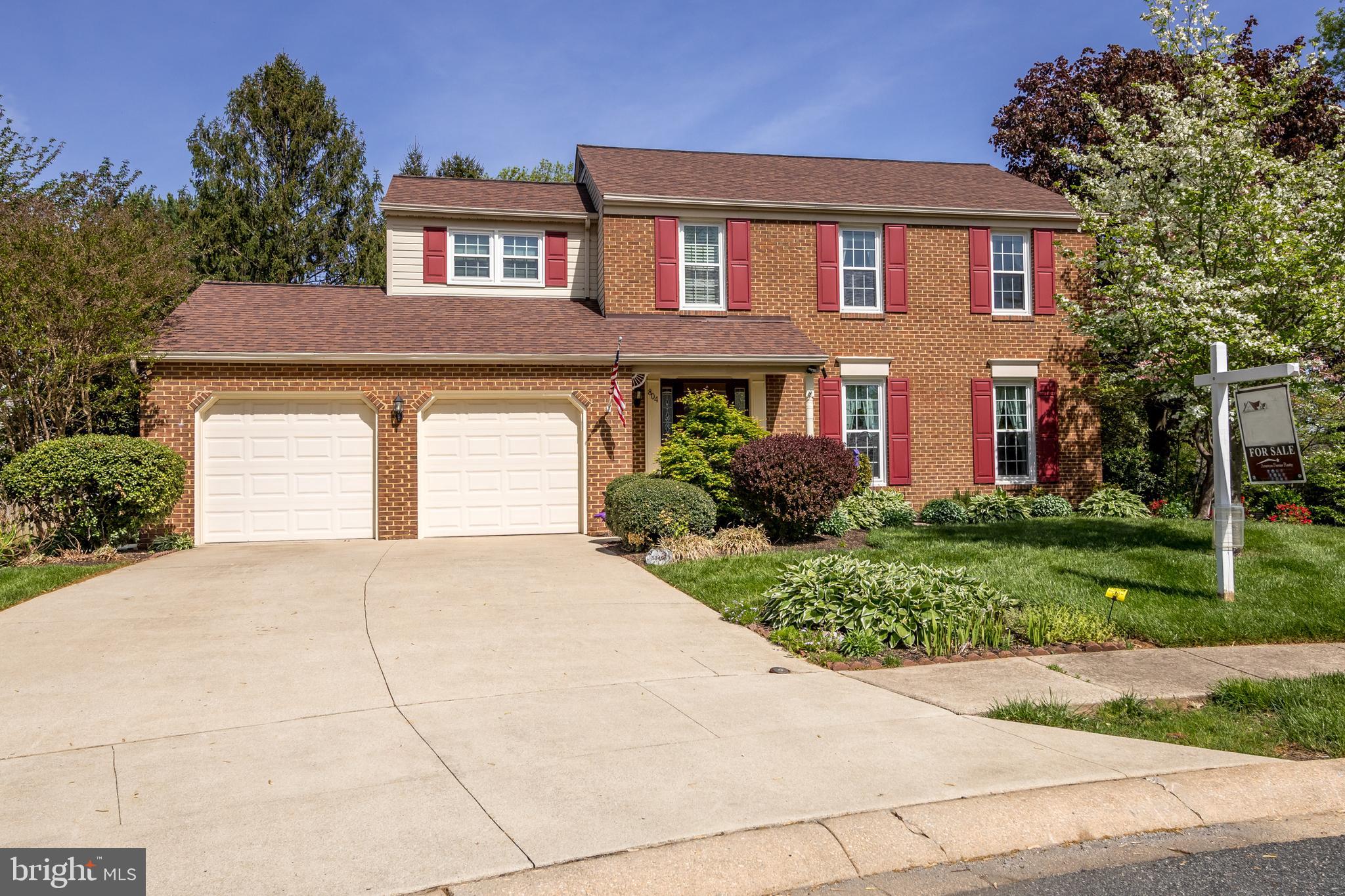 Located in the desirable Major's Choice Community and just minutes from downtown Bel Air, this brick colonial is tucked away on a peaceful cul-de-sac and loaded with upgrades. Thoughtfully built and bumped out from the original design, the home features a spacious family room with cathedral ceiling and gas fireplace. The renovated eat-in kitchen has hardwood flooring, stainless steel appliances and backsplash. You'll find elegant crown molding and custom wainscoting. Upstairs are four bedrooms including a primary bathroom with french door entry with an attached remodeled primary bathroom. The finished lower level offers a club room, office (or possible 5th bedroom), and a half bath. Enjoy outdoor living with a large composite deck, covered patio beneath, and a beautifully landscaped, private and fenced backyard. Additional updates include replacement windows, gutter guards, new front landscaping, composite garage door trim, new driveway, and a 3-year-old roof.