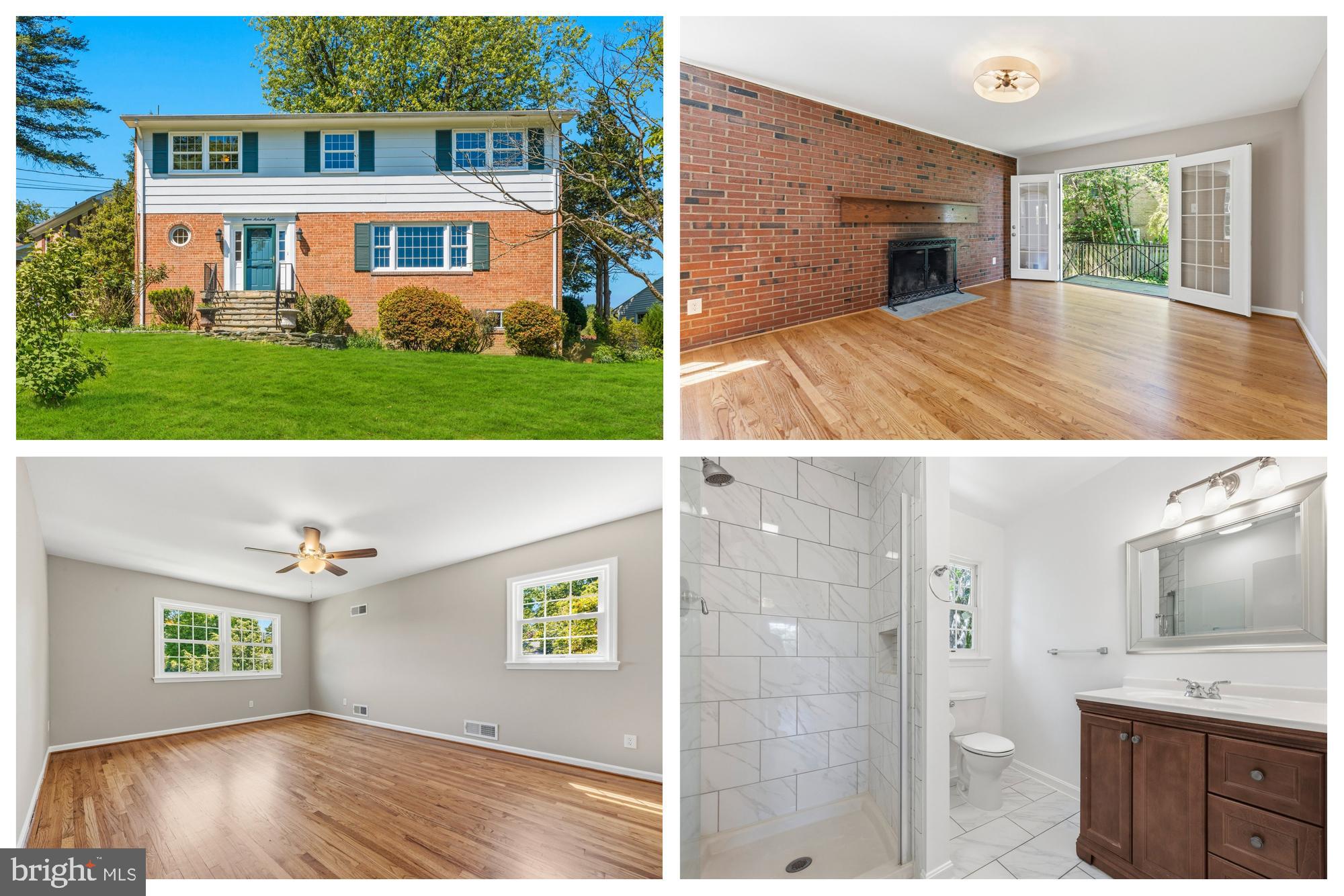 4 bedroom/3.5 bath CORNER LOT Colonial with lots of recent updates including gorgeous redone solid oak hardwood floors, new paint, fixtures, exterior hardscape and more!  One of only 5 houses in the neighborhood which sits up on a higher lot and has exceptional views. The main floor features a huge living room with plenty of natural light, a formal dining room, a good-sized kitchen, family room and a 1/2 bath. The family room is a warm, inviting space with a brick accented wall, wood-burning fireplace and French doors leading out to a flagstone terrace overlooking a large rear brick patio area. The upper level checks every box on buyer's 'want lists'--a grand primary bedroom with walk-in closet and updated full en-suite bath, 3 additional spacious bedrooms, and an additional updated full bath. The basement level is a bright space with an exterior walk-out, a large rec room/family room, a bonus room (could be used as a kids playroom, office, exercise room or converted to a 5th bedroom), a huge utility room with a framed-in closet, full bath and tons of storage space. The basement level is ideal for a live-in relative, au pair, or potential rental space which already has it's own entrance to the side yard. All new light fixtures, switches/outlets, vent covers, ceiling fans, door hardware and more throughout! Driveway has space for 4 vehicles. Convenient to I-495, the ICC and points East and West as well as a nearby Trader Joes and the new White Oak Town Center. If you've been waiting for a home in move-in, immaculate shape--this is IT!