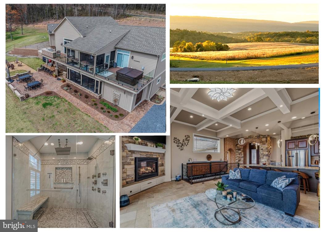 4680 finished sq. ft.  Perfect for multigenerationl use.  2 of everything.  Experience unmatched craftsmanship and mountain‑view living in this extraordinary custom ranch home set on 2.4 scenic acres. Designed and built by the owner—an accomplished custom builder—this residence showcases a level of quality rarely found in today’s market. 2 completely separate living areas.  Double everything.  Even a mechanical door that separates the areas.  Every detail reflects thoughtful design, timeless materials, and over‑the‑top luxury from the moment you step inside. Crown molding throughout, granite steps, and custom cabinetry and granite in nearly every room elevate the home’s refined character. This property is also thoughtfully designed for multigenerational living, offering exceptional flexibility with two complete living spaces. The home’s soaring 12-foot ceilings set a tone of luxury from the moment you enter. The foyer welcomes you with 8-foot double doors featuring etched leaded glass, opening into a striking brick-and-stone arch that frames the transition into the main living areas. In the great room, an elegant coffered ceiling adds architectural depth and sophistication, while the kitchen and dining room feature one‑of‑a‑kind custom ceiling designs that bring character and artistic flair to each space. Together, these elevated details make the main living areas feel both expansive and uniquely refined. The gourmet kitchen is a chef’s dream, featuring a 6-burner gas stove with a pot filler, ample counter space, and custom finishes. There is also a separate pantry and coffee bar area. Large windows throughout the home invite natural light and breathtaking views of the surrounding landscape. The master suite is a private retreat that includes a fireplace, multiple built-ins, a spa-like bathroom with an 8'x5' walk-in tiled shower with a heated floor and bench, an overhead rain shower with an ensemble of full-body adjustable showerheads, and a walk-in closet. It has direct access to the hot tub and outdoor living areas. Outdoor amenities for the main level include a deck that spans the length of the home with a screened-in porch and a full outdoor kitchen with a grill, double side burner, fridge, and sink. The lower level features its own driveway, private entrances, a full kitchen, and dedicated outdoor living spaces—including an outdoor kitchen, a patio, and a screened-in porch. Inside, the living room offers a cozy gas fireplace, while each bedroom includes its own electric fireplace. This level also includes a spacious laundry room and a well‑appointed Jack‑and‑Jill bathroom for added convenience. The yard is beautifully landscaped, and there is plenty of room for future expansion or recreational activities. The home also features a spacious game room equipped with a pool table, ping‑pong, a round poker table, a Pac‑Man arcade machine, and a television, along with an outdoor fire pit for gathering and relaxation. This home combines luxury, functionality, and craftsmanship in a way that is truly exceptional.