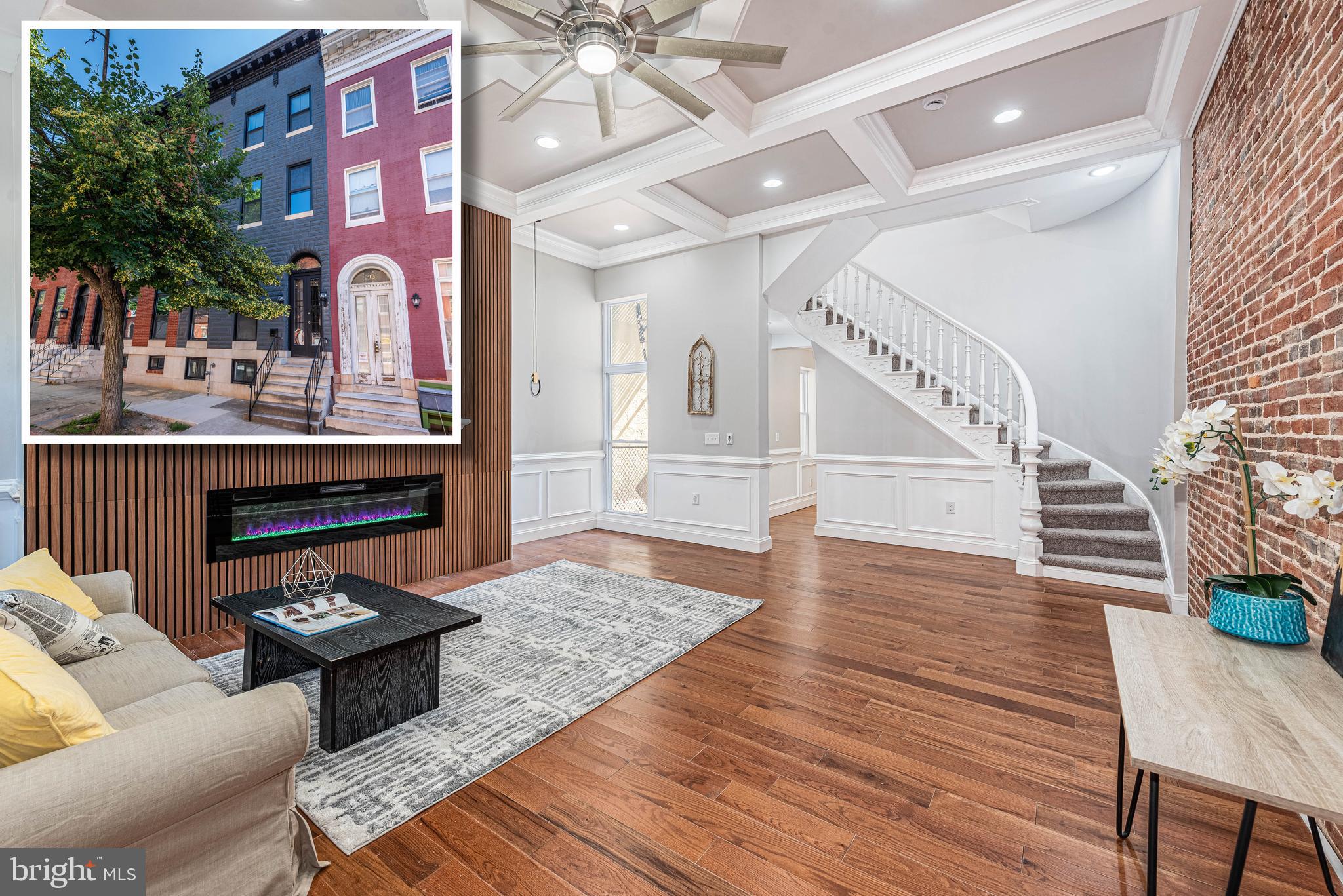 CUTTING EDGE HARLEM PARK RENOVATION WITH 4 FINISHED LEVELS AND OFF STREET PARKING!  This one has it all!  18 ft wide rowhome that features over 3,000 sq. ft. of living space, a spacious living room with coffered ceilings and an electric fireplace, a state of the art island kitchen with ss appliances, Quartz counters, and a large dining area, a convenient main level half bath, 2nd level with 3 bedrooms, 2 full baths, and bedroom level laundry, a 3rd level Primary bedroom suite with a walk-in closet, spa bath with a stand alone soaking tub and separate shower, and a sitting area with a wet bar, a finished basement with a family room with a wet bar, a bedroom, and a full bath, and a rear patio that leads to the large 2 car parking pad!  Tons of renovations happening in the area and convenient proximity to downtown Baltimore, stadiums, and major roadways!