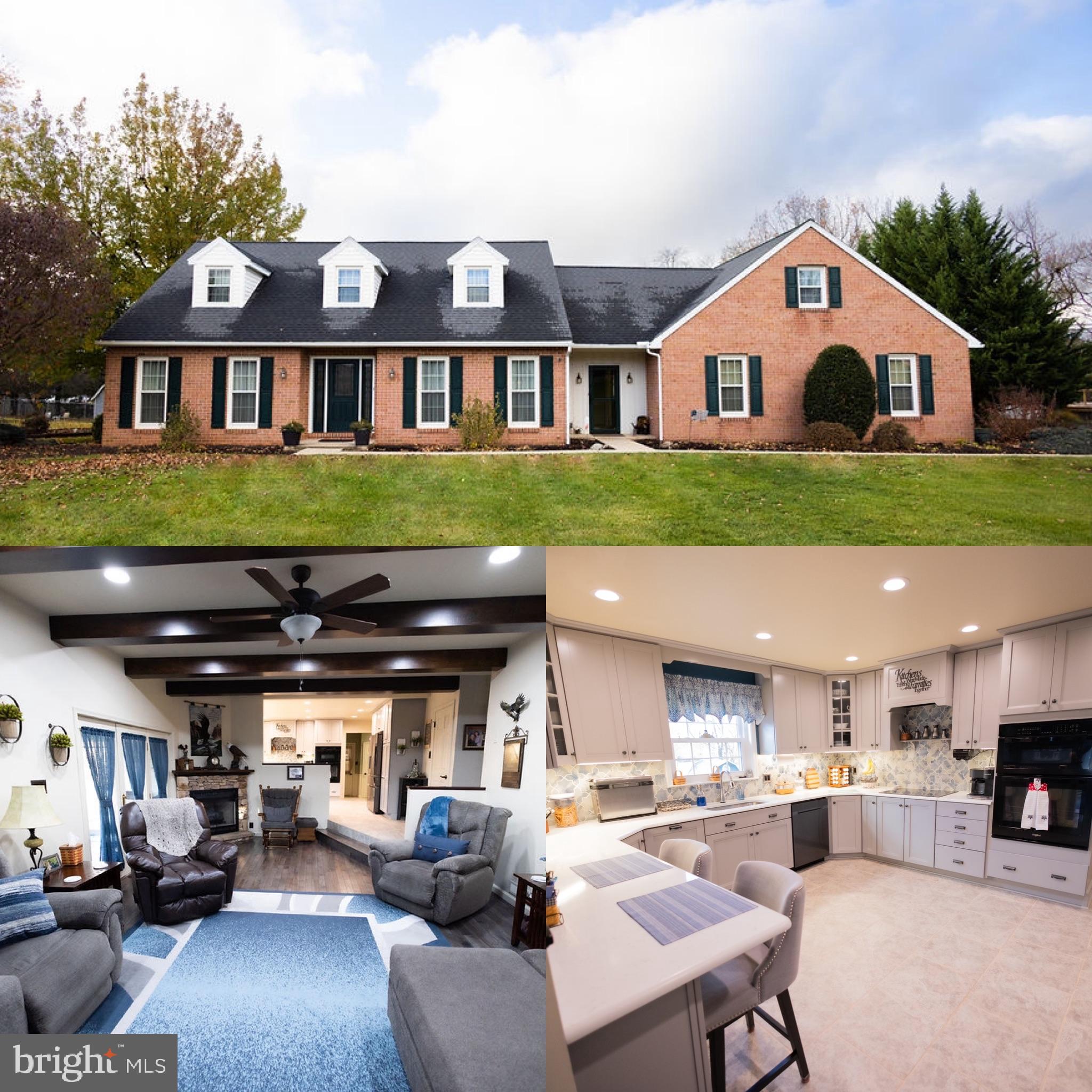 This spacious and exceptionally well-maintained brick Cape-Cod style home has so much to offer! With almost 3,200 sq. feet of living space including 4 bedrooms, 2.5 bathrooms, an oversized garage and a screened in sunroom you don’t want to miss out on this property!
The beautifully updated kitchen features durable white quartz countertops, all stainless-steel appliances, and offers the perks of an open concept design as it is connected to the main living area.  There is a small half wall between the rooms which provides an eat-in kitchen option while a formal dining room is also situated adjacent to the kitchen.  
The large living area features 9.5-foot-high ceilings with exposed beams and a stone fireplace (with a gas insert) as a focal point that makes the space feel cozy and inviting.  Stunning hardwood floors were recently installed in the main living area, dining room, and office space.  The screened in sunroom is a highlight of this home as it allows for comfortable enjoyment of the scenic backyard views.   
The home has two heat pumps, central AC, two wi-fi controlled thermostats, one mini split, a water filtration system, a whole house fan, and an active radon mitigation system.  This property also offers plentiful storage space.  In addition to the oversized garage (28x28) and basement there is an outdoor storage shed (12x16) with electric in the backyard.
This home sits on 0.80-acre lot in a small development that is surrounded by other single-family homes and farmland.  The location offers easy access to shopping and employment in the Chambersburg, Waynesboro, and Greencastle areas.