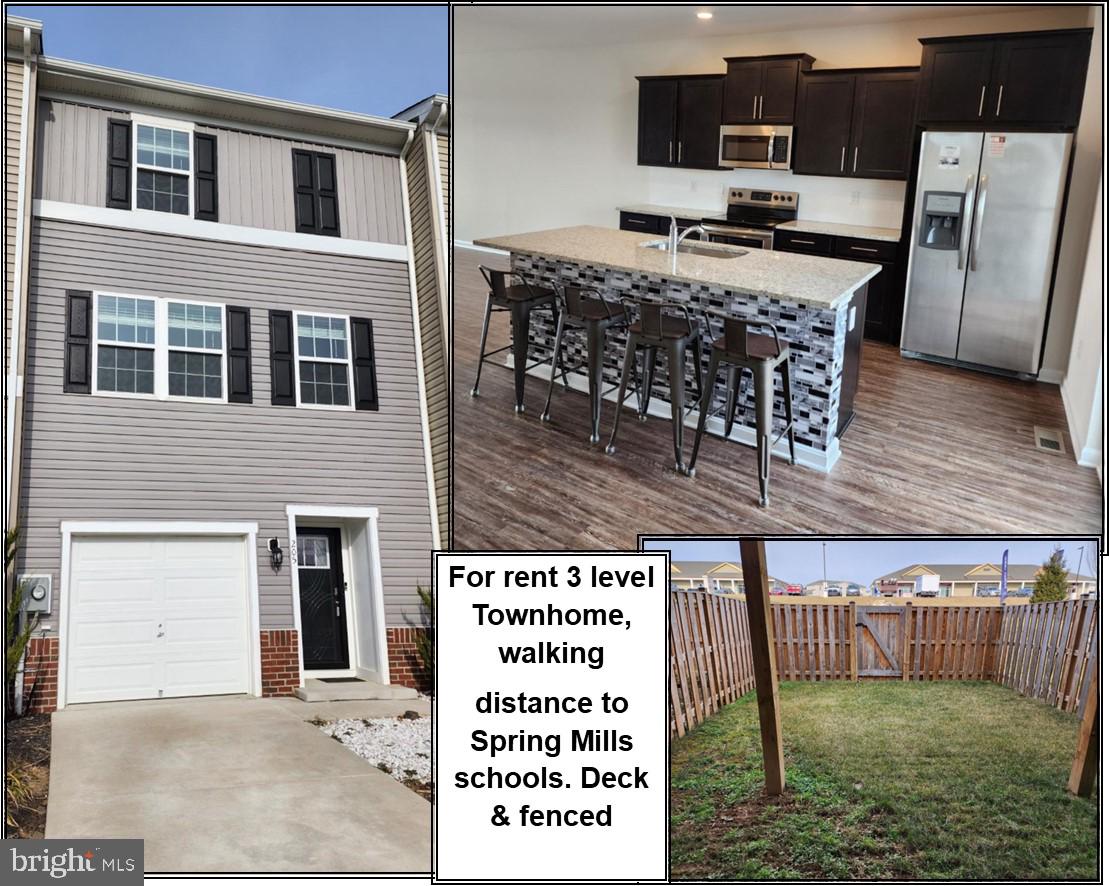 For rent a wonderful 3 level townhome within walking distance to the Spring Mills schools. This property has everything,  3 bedroom 2 1/2 bath, finished family room ready for your home office complete with desk. Walk out to fenced rear yard. Main level has LVP flooring, granite countertops, island including bar stools, deck. 1 car garage. Rent is $1800 , $45 additional pet rent accepted on case by case basis, Security deposit is $1800. Credit application fee is $55 per adult. Conveniently located across from visitor parking lot.