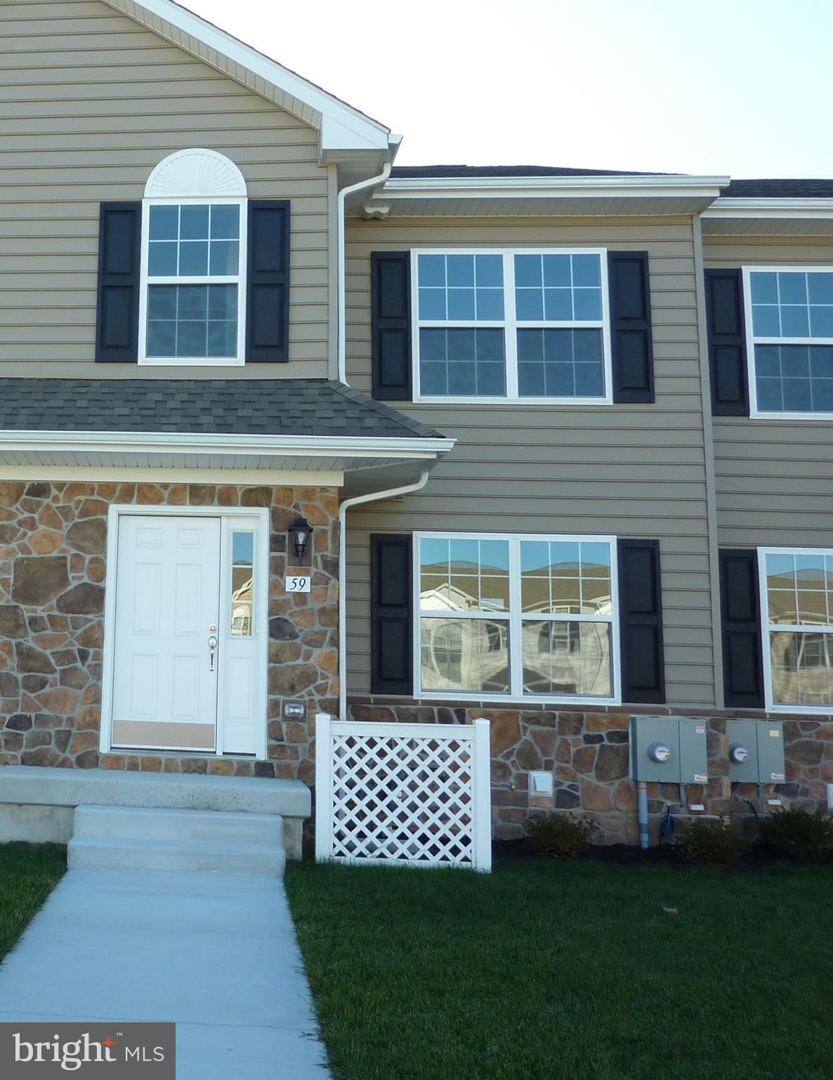 Brand new property, located in Cambria Village Development. This stunning New Construction 
Brandywine Model Townhome, located at 59 Cotswood Court, Smyrna, DE.  Home has three (3) 
bedrooms, (2) two full baths and a (1) one (1/2) half bath, a full unfinished basement, with an 
egress window, sodded front lawn/seeded backyard. The main level features LVP flooring, 
carpet, a sizable great room, and dining room. A spacious kitchen with granite countertops, 
stainless single bowl kitchen sink, stainless steel appliances (dishwasher, stove, and 
microwave,).  Country Kitchen with soft-close cabinets, and drawers. The large owner's suite 
and ensuite with comfort height double sink vanities, and tub/shower combo. The home 
features a beautiful deck. A whole-house vacuum cleaning system. The home has 1496 sq. ft. of 
livable space