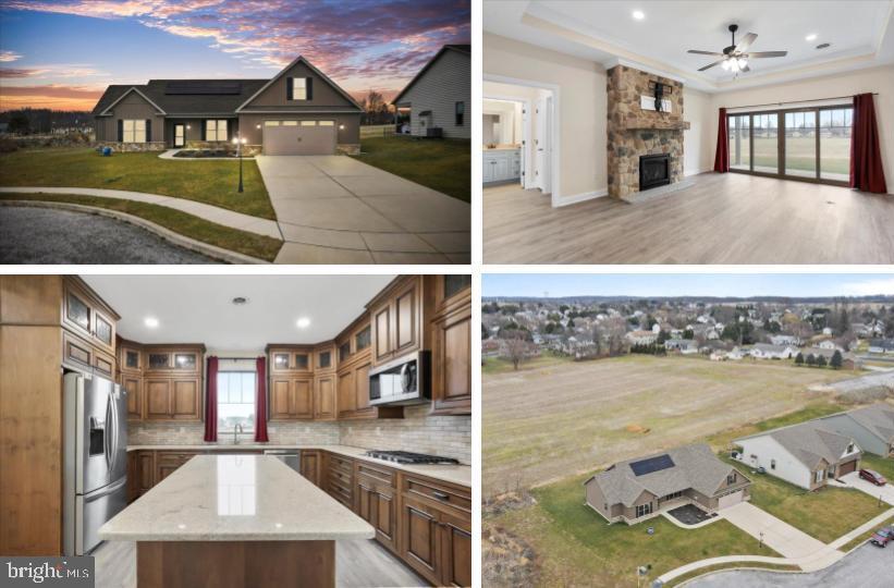 Welcome home to this beautiful craftsman-style rancher built in 2022,  situated at the end of a cul-de-sac in Littlestown! This 3-bedroom, 2 full bath home offers a bright, open floor plan with durable LVT flooring throughout. Enter through the foyer into the spacious living room featuring a cozy gas fireplace, seamlessly flowing into the dining area and gourmet kitchen. The kitchen is well-appointed with granite countertops, a large center island, gas cooktop, double wall oven, custom tile backsplash, and abundant cabinetry with overhead lighting.  
The primary bedroom includes a walk-in closet and a private en suite bath with double vanities and a walk-in shower with built-in seat. Two additional bedrooms and a full bath provide comfortable accommodations. A combined mudroom and laundry area features custom built-in bench seating and shelving, offering both functionality and organization. This space connects directly to the attached two-car garage with epoxy-coated floors. Unfinished space above the garage offers excellent potential for a home office, bonus room, or additional storage. The covered rear patio provides enjoyable outdoor living space. Additional highlights include a tankless water heater, upgraded plumbing manifold system, and fully owned solar panels that significantly reduce electric utility costs. 
Designed for comfortable single-level living, the home features zero-step transitions and no interior stairs on the main living level (stairs only lead to the unfinished storage space above the garage), creating an easy, mobility-friendly layout ideal for those who prefer step-free living.
Conveniently located near stores, restaurants, and within walking distance to schools, this home combines modern design, efficiency, and a serene setting. Schedule your showing today!