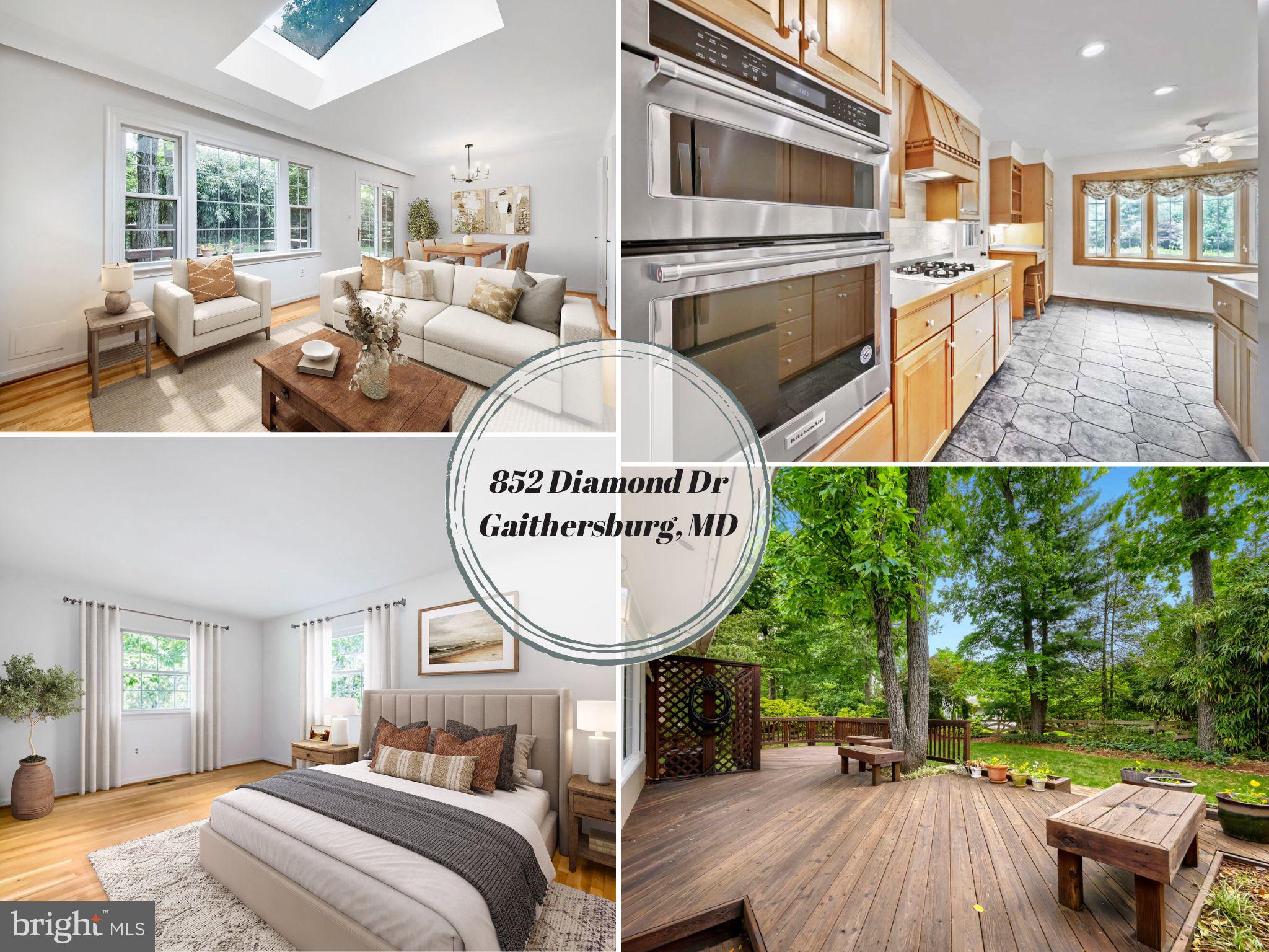 Welcome home to 852 Diamond Dr! Located in the highly sought-after West Riding neighborhood, this incredible home is sure to delight. The moment you step inside, the bright and open feeling that runs throughout the first floor will envelop you! To the right a stunning over-sized kitchen is found. The kitchen boasts tons of cabinetry, a timeless backsplash, a built-in pantry, a gas range for our cooking enthusiasts, a new refrigerator (w/ 5yr warranty!), a wall oven, a bay window and so much more. You'll love every moment in your new kitchen. There is even space for a large table and a built-in desk. Beyond the kitchen the dining room and living room await. The dining room offers an exquisite chandelier and access to the outdoor oasis. The spacious living room features gleaming hardwoods, a skylight and endless windows that bring the outside in! This is the place to relax after a long day, or to spend time with loved ones. As you ascend to the upper level, you'll be delighted to first find a large cedar closet. You'll never have to worry about your favorite clothing! The owner's suite offers a spacious bedroom, a walk-in closet, and a full bathroom. The upper level is rounded out with generously sized secondary bedrooms and a full guest bathroom. Downstairs, a spacious rec room is found. This room is ideal for games, watching your favorite shows, playing and so much more. On cold winter nights, enjoy cozying up to the fireplace (with new liner and crown!). Beyond the rec room, the perfect room for an office is found! Across the hall an updated full bathroom with walk-in shower is thoughtfully placed. The lower level also offers a huge bonus room-use it as a lounge, play area, work out room and more. And for those looking for storage, have we got a storage room for you! The utility room is gigantic, and offers not only a ton of space to store items, but also built-in shelving! This home has storage galore. Last yet certainly not the least, is the outdoor oasis. The backyard features a custom deck, with built in seats and professional landscaping. While it may be hard leave the inside of your stunning new home, once you step outside, you'll never want to leave the outdoor space either. Whether you love to have quiet serene outdoor time, or to host your favorite people, the backyard will quickly become one of your favorite places to be. New Carpet throughout. New paint! Electric panel-2021!Outdoor storage! The features of this property are endless. Minutes from the Kentlands, Astrazeneca, Marc Train, 355, 270 , Seneca Creek State Park and so much more! 0.2 miles from Diamond Elementary!! Seconds from a local park, skate ramp and more. Schedule your showing today. This home will not last. *Virtually staged*