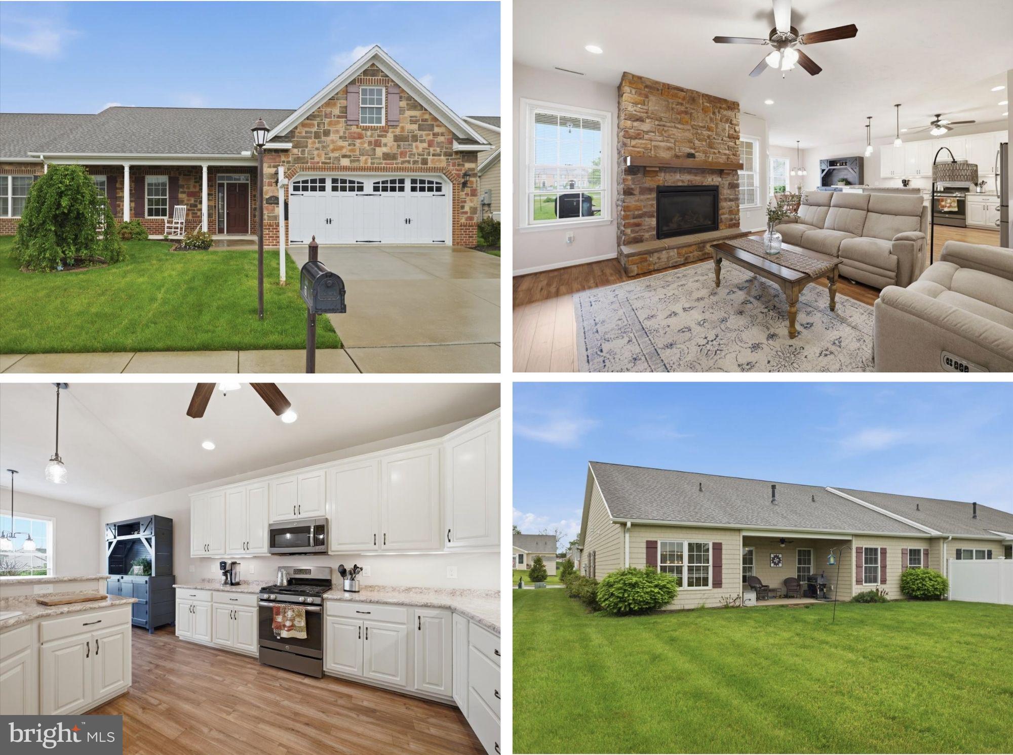 Beautifully maintained 1-story semi-attached villa in a desirable 55+ community, offering easy, low-maintenance living. Built in 2017 and featuring over 2,000 square feet, this home boasts a spacious open floor plan with a seamless flow between the living, dining, and kitchen areas—perfect for both everyday living and entertaining. The well-appointed kitchen includes stainless steel appliances, a newer refrigerator, laminate countertops, and convenient slide-out cabinetry with corner "Lazy Susans". This home offers 2 bedrooms and 2 full baths, plus a well appointed office and a versatile flex room -ideal for a craft space or guest area. The inviting family room is highlighted by a cozy natural gas stone fireplace with
blower, while ceiling fans throughout enhance comfort. Flooring includes a combination of durable LVP and carpet. Situated on a cul-de-sac, this premium lot offers a large yard, backing to common area. Relax outdoors on the covered rear patio complete with a ceiling fan—perfect for quiet mornings or evening gatherings.  Additional features include a 2-car attached garage, natural gas heat, water heater, and fireplace. Conveniently located near medical facilities, conveniences and only minutes to the Maryland line. A wonderful opportunity to enjoy comfortable, single-level living in a welcoming community!
