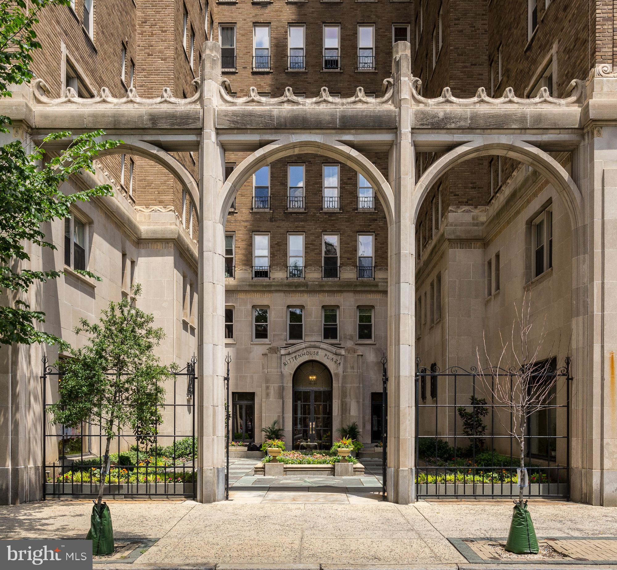 This beautiful home overlooks Rittenhouse Square and the beautiful garden entrance to Rittenhouse Plaza.  3 bedrooms and 3 full bathrooms. The residence has been beautifully updated while staying true to the original architecture and aesthetic of the building. Enter through a gracious foyer, with coat closet, that leads into the spacious great room with three oversized south-facing windows, boasting Rittenhouse Square views, beautiful ceiling detail, and ample space for living/dining room are perfect for entertaining. The eat-in kitchen has custom cabinetry, solid custom granite countertops, gas Jenn Air range with grill and an electric oven, stainless steel appliances, dishwasher, microwave, stone tile backsplash, breakfast bar, and access to the fire escape and service area. Also in the kitchen has a large pantry closet. The conveniently located laundry with newer Samsung stacked washer/dryer is just off the kitchen. The hallway leading to the bedrooms features built-in closets with sliding doors as well as a walk-in closet. The spacious primary bedroom has two windows, two large wall closets, and an ensuite bathroom, glass enclosed walk-in shower, and beautiful tilework. The second bedroom is generously sized and also features two large windows and wall closet. The generously sized third bedroom also has a large closet.  This room could easily be used as a den, home office, private dining room or entertainment room.  Residents of The Rittenhouse Plaza enjoy a 24-hour doorman, concierge, community room, and shared courtyard, as well as a desirable Rittenhouse Square address, steps from some of the city’s best restaurants, retailers, cultural institutions and within easy access to University City, the Market Street office corridor, public transportation, Amtrak’s 30th Street Station and all the best Philadelphia has to offer.