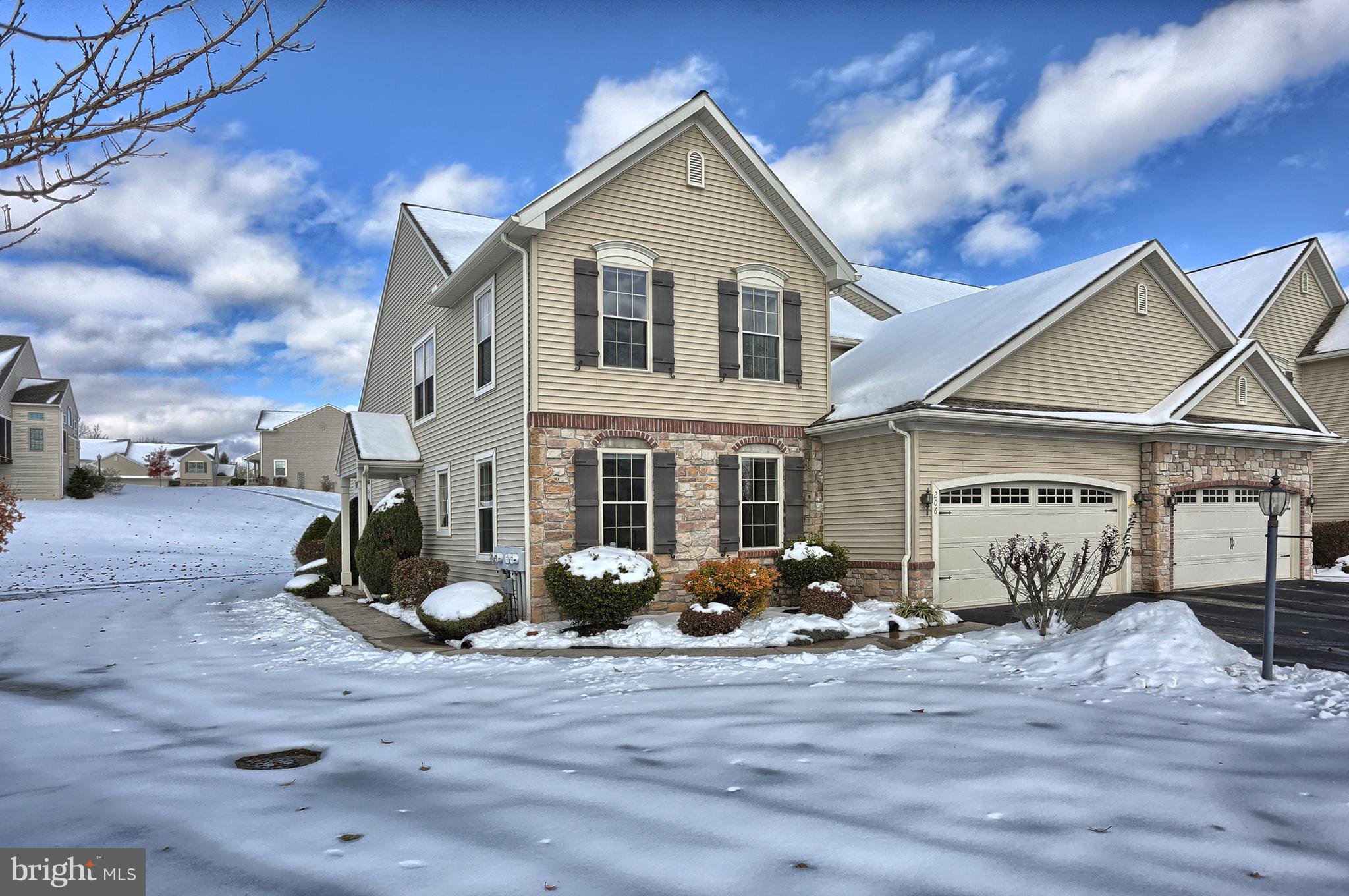 Enjoy carefree living where the snow removal and lawn care is taken care of for you and yet have the feel of a single family home in this beautiful and spacious, end unit town home situated on a large, level lot in a great neighborhood.  Nice, open floor plan for optimum function.  KIT features granite counters including a handy snack bar, tile flooring, pantry and spacious dining area with sliding doors leading out to a screened porch - great place to relax in mild weather.  Great room with cozy gas FRPL & vaulted ceiling.  Spacious first floor MBR suite features a large walk-in closet and luxury bath with a whirlpool tub, separate shower & double vanity.  Convenient first floor laundry with utility sink. Loft area provides an additional sitting room area, also ideal space for an office.  Full basement with loads of potential for additional living space if needed/desired.  One year HMS Home Warranty provided for peace of mind. Super convenient location with quick and easy highway access and also just a short jaunt into Hershey. Add this delightfully warm and inviting home to your must see list!