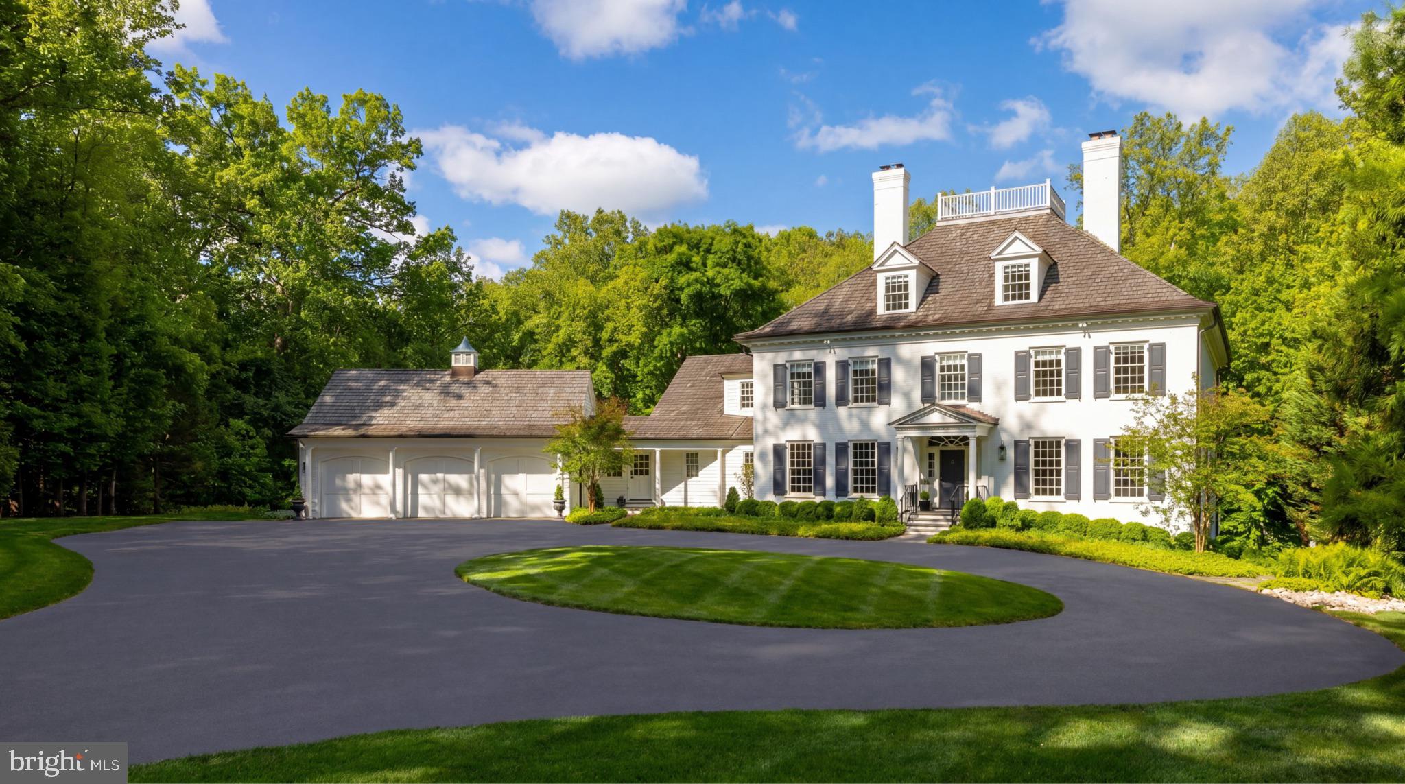 Tucked away behind the nationally-renowned Congressional Country Club, its namesake Country Club Drive is one of Bethesda’s most prestigious streets, with a mere 26 of the very finest estate homes dotted along sweeping curves in a picturesque setting. Within this rarified air, at the apex of a verdant cul-de-sac, is this quintessential colonial estate home. Tucked away far back from the street, its elegant approach is via an elegant circular driveway, revealing a white brick facade capped by a cedar shake roof evoking cues of classic old-world New England colonials situated on large swaths of land, and exuding an ethos of quiet luxury. Contrasting black shutters infuse the classic exterior with a modicum of modernity as one approaches the central front door via flagstone walkway. The blend of tradition and currency is further carried through the interiors, which have been comprehensively reimagined to suit the tastes of a contemporary luxury clientele while retaining its quintessential elegance. A traditional center hall foyer is flanked by embassy sized formal living and dining rooms. The former can be discreetly closed off via pocket doors, enjoying an ethereal palette augmented by natural light flooding in from the Palladian window on its far side, illuminating the roaring fireplace wall flanked by custom built-ins. The latter also showcases a fireplace, one of five in the home, this one featuring a bold, dark marble surround to complement the moody, sophisticated palette à la fine dining establishment – for sophisticated large scale entertaining. A transverse gallery bifurcates the main level’s formal and informal spaces, with the large family room and its wall of glass, rustic floor-to-ceiling stone fireplace wall, and patio access serving as a midpoint. The chef’s kitchen is the heart of the informal wing. Enjoying almost a European-level of minimalism, its white shaker cabinetry and matching counters conceal a comprehensive suite of state-of-the-art appliances, and are contrasted by a dark, full-height backsplash wall. A large family entrance and mudroom, additional powder room, connection to the butler’s pantry, and direct access to the oversized three-car garage are conveniently tucked away in this wing. A private library with built-ins connected to a spacious den surrounded by glass, both with coffered ceilings, completes the main level. A transverse hallway on the upper level commences at the top of the sweeping staircase and mirrors that of the gallery below. The exquisite primary suite spans the entire width of the upper level, with a large bedroom overlooking the lush grounds. The central dressing room is akin to a luxury boutique in scale and layout, with multiple nooks all surrounded by extensive illuminated built-ins. Minimalist yet still lavish, the primary bath boasts the ubiquitous double vanity, freestanding soaking tub, separate water closet, and walk-in shower. Three additional generously proportioned bedrooms, each with a designer ensuite bath, complete the upper level alongside a spacious and conveniently located laundry room. A finished third level comprises two additional private bedroom suites, ideal for young adults, a fitness studio, bonus space, or a fully private telecommuting solution, as well as ample storage space. A comprehensive entertainment zone, the lower level revolves around a substantial recreation room which spans over 47 feet in length. A professional home cinema is found at one end, while a large fitness center and step-down game room, currently set up as a golf simulator, are found at the other. A spa-inspired bath including a full sauna completes the space. The home’s outdoor space is another certain highlight, occupying 2.06 coveted acres in a proximate Bethesda location. The manicured landscaping is complemented by a flagstone patio, comprising a pergola above a modern linear fire pit, full outdoor kitchen, and sunken hot tub.