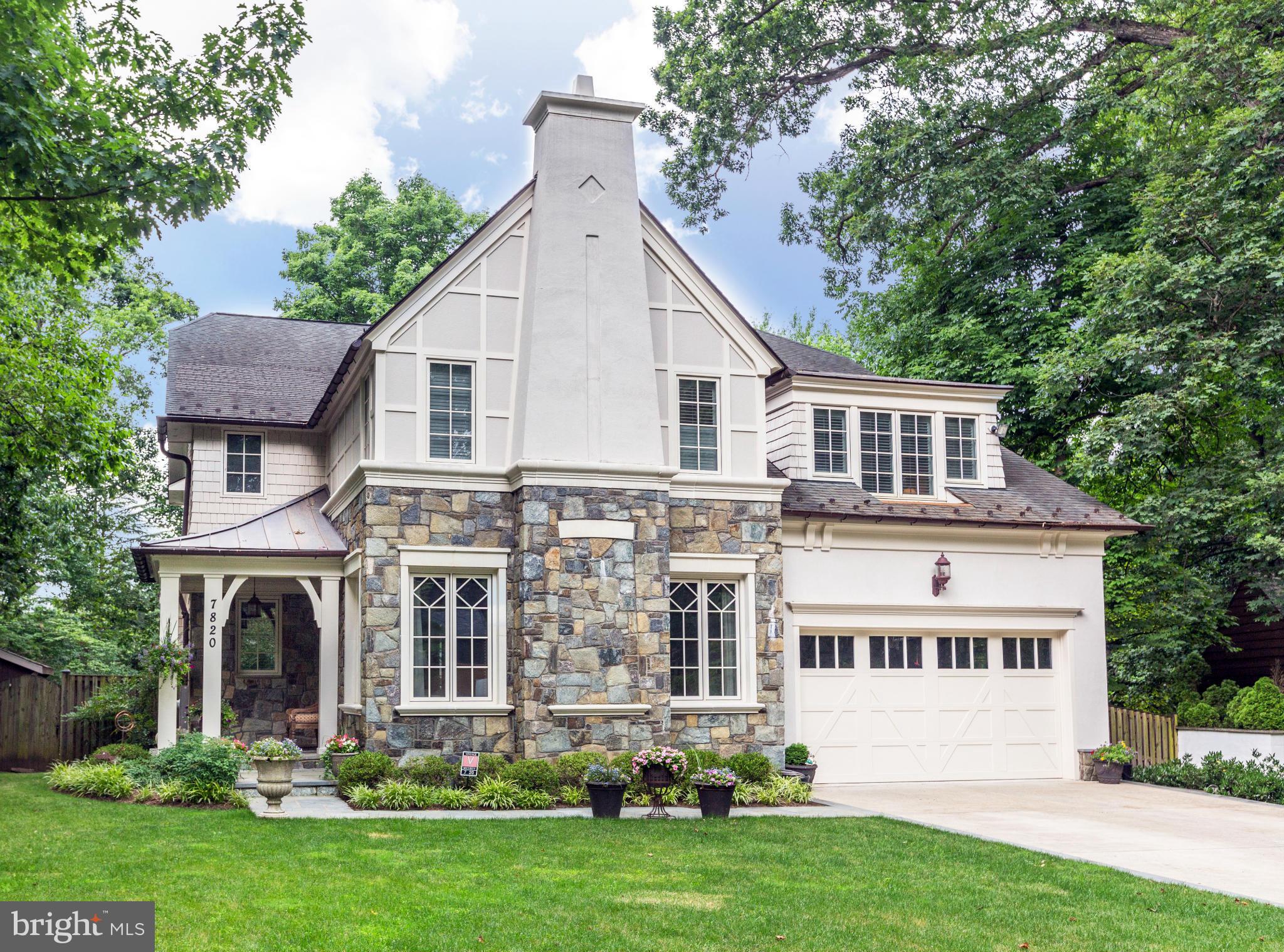 Award-winning, Studio Z designed stone Tudor in picturesque Greenwich Forest. Easy walk to Bethesda. Gourmet eat-in kitchen w/ prof range & Sub-Zero. Master suite w/ priv deck & lux bath. 10 ft ceilings on main, hardwood floors & custom millwork throughout, generous room sizes, 2 home offices, mudroom, ample storage, generator, prof landscaped backyard spa, covered porch with Ipe deck.