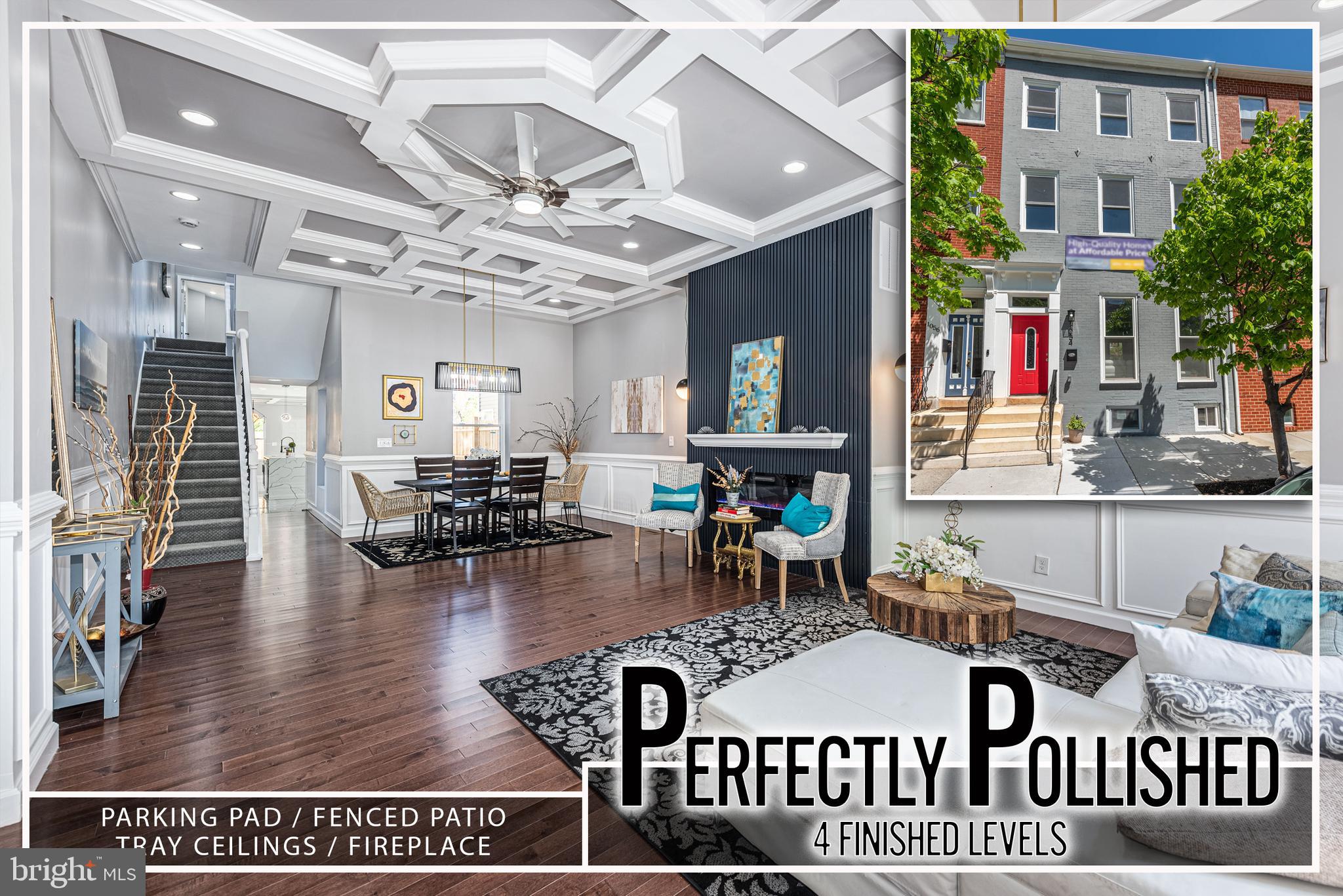 EXPANSIVE HOLLINS MARKET RENOVATION WITH 4 FINISHED LEVELS AND 2 CAR PARKING! Open floor plan featuring a spacious living room with coffered ceiling, fireplace, and dining area, gourmet island kitchen with Quartz counters, ss appliances, a breakfast area, & a main level half bath, 2nd level with 3 bedrooms, 1 full bath, expansive 3rd level Primary suite with vaulted ceiling, walk-in closet and a spa bath with double sinks & a whirlpool tub, a fully finished basement with a family room with a wet bar, 5th bedroom, & a 3rd full bath, a private rear patio, and 2 car off street parking! Property is eligible for 10k Vacants to Value grant! NEW CONSTRUCTION TAX CREDIT!! Conveniently located close to downtown Baltimore, UMMC, stadiums, and major roadways! Call listing agent about $10K in closing assistance available
