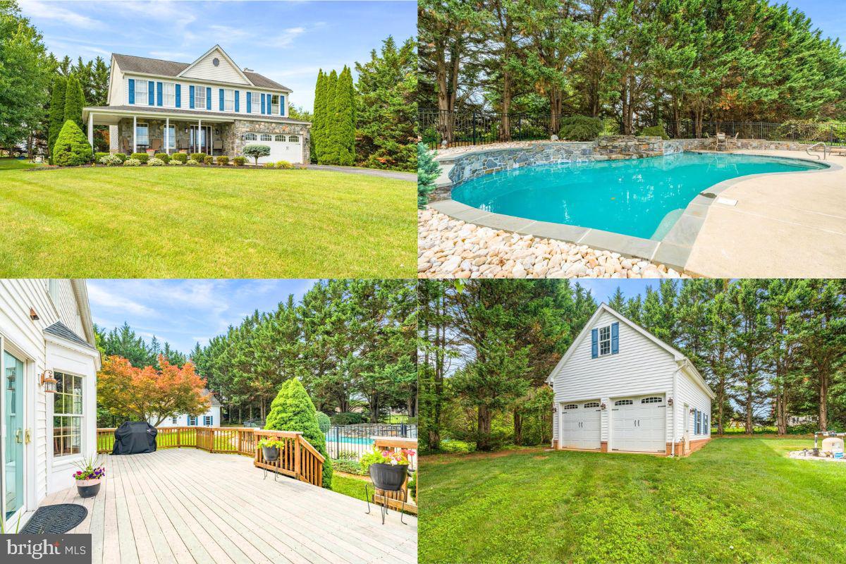 Nestled on a picturesque 1.33-acre lot at the end of a quiet cul-de-sac in the highly coveted West Oak Fields community (NO HOA!), this lovingly maintained, original-owner home captures your attention with manicured blooming gardens, beautiful stonework, and a welcoming wraparound porch. A flagstone walkway leads to an elegant front door accented with decorative glass and sidelights.

Upon entering, you’ll immediately notice the airy two-story foyer and gleaming hardwood flooring that extends throughout the main level. To the left, the living room connects to the formal dining room, which then circles around to the kitchen. A powder room is conveniently located just off the foyer.

Continue forward to the heart of the home. The updated kitchen features timeless maple cabinetry extending to the ceiling, quartz countertops, a modern backsplash, stainless steel appliances, induction cooking, a center island, and a pantry. The kitchen opens to a cozy family room with a brick-surround wood-burning fireplace and mantel. The sun-filled dining area opens to a large deck overlooking the backyard oasis. 

Designed for both entertaining and relaxation, the outdoor space showcases an in-ground chlorine pool with pebble-tec finish, extensive surrounding stonework, and a cascading waterfall. Privacy trees, mature landscaping, four fruit-bearing apple trees with delicious tart apples, and blueberry bushes create a peaceful setting that feels like your own private retreat.

The upstairs offers hardwood flooring throughout all four spacious bedrooms. Three bedrooms feature walk-in closets, and this level is appointed with a conveniently located laundry room. The generously sized primary suite boasts a great closet and an en suite bath with dual sinks, a soaking tub, separate shower, and linen closet. The hall bathroom features a tub/shower, linen closet, and overlooks the scenic backyard.

The finished basement provides flexible living space with a rec room area, wet bar, office/den, full bathroom, and an oversized storage closet. Modern LVP flooring is easy to maintain. The utility room provides even more storage and includes walk-up access to the side yard through a Bilco door.

Hobbyists and anyone needing extra space will appreciate the huge detached garage with a soaring ceiling, while the attached 2-car garage is equipped with an EV charger and generator-ready hookup for future convenience. The driveway also offers an extra parking pad for additional vehicles.

Additional updates and features include a new heat pump installed in late 2025, roof replaced in 2015 with architectural shingles, neutral paint throughout, and existing closed-loop geothermal infrastructure still in place, should a future homeowner wish to convert back. An invisible fence is already installed, ready for the home’s future four-legged family member!

Zoned for the sought-after school cluster of Twin Ridge Elementary, New Market Middle, and Linganore High School. (Buyer to verify) Conveniently located with easy access to MD-27, I-270, and I-70, you’re just minutes from shopping, dining, golf, and entertainment in Mount Airy, Damascus, Frederick and surrounding areas.