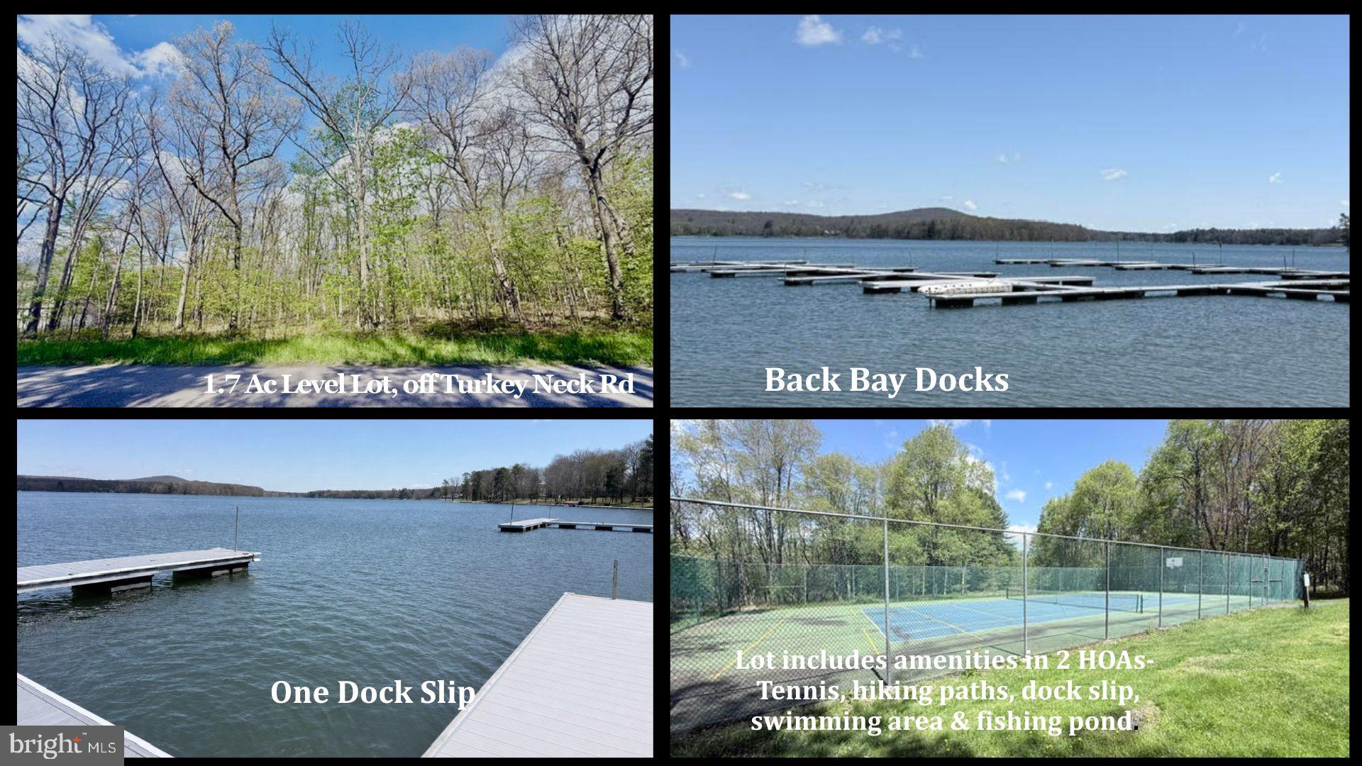 Level 1.7 acres in Turkey Neck (Southern End of Deep Creek Lake) with dock slip.  Wonderful parcel with plenty of area to surround yourself in nature, conveniently located right off Turkey Neck Rd.  Lot includes one dock slip at Back Bay Docks, which has a open, level area to enter the lake and walk to your dock slip.  This property is affiliated with 2 HOA's - Back Bay Colony, (where your dock is located) and South Woods in which you have access to tennis/pickleball courts, hiking trails that lead to a pond and picnic pavilion.  So much to offer and explore all within walking distance or a short golf cart ride.  Call listing agent with any questions or a guided tour of this great piece of property in which you could build you dream lake home.
