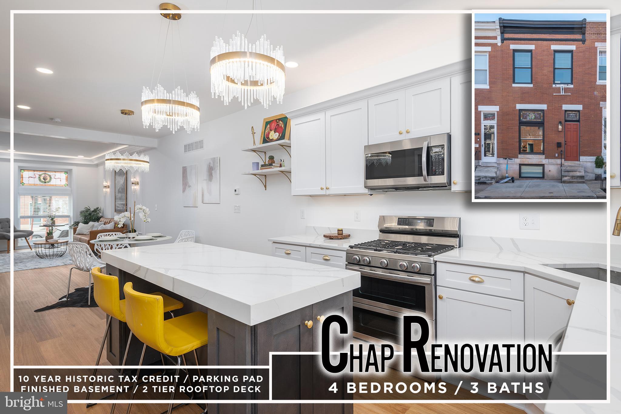 STYLISH & SLEEK TAX CREDIT PRE-SALE WITH 2 TIER ROOFTOP DECK & PARKING!  Quick delivery!  Features include an open floor plan with wood flooring throughout, an inviting living room with a custom accent wall and dining area, gourmet island kitchen with granite counters & ss appliances, upper level with a Primary bedroom suite with a full bath and 2nd bedroom with a hall bath, a fully finished basement with 2 bedrooms and a full bath, a 2 tiered rooftop deck with sweeping views, & off street parking!  10 Year CHAP Tax Credit = Save Thousands!!  Pictures are of a similar completed renovation by the same builder.