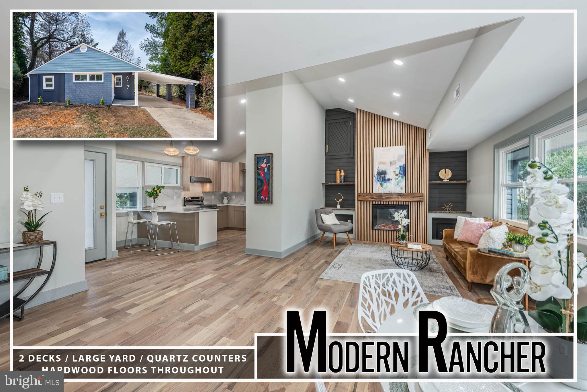 Welcome to this beautifully renovated rancher, a perfect blend of modern upgrades and timeless design. This home features stunning plank hardwood floors, lofted ceilings, and an inviting electric fireplace that adds warmth and character.  The designer kitchen is a chef’s dream, showcasing stainless steel appliances, sleek 42-inch flat-panel cabinets, and elegant Quartz countertops. The home offers 3 spacious bedrooms and 2.5 baths, including a luxurious primary bedroom suite with a private full bath.  Additional features include ample attic & basement storage, two expansive decks perfect for entertaining, and all-new updates, including new roof, gutters, siding, windows, plumbing, and electrical systems.  Located in the heart of Towson, this property backs up to Towson High’s football field and is just minutes from Towson University, shopping, and restaurants. Don't miss this move-in-ready gem!