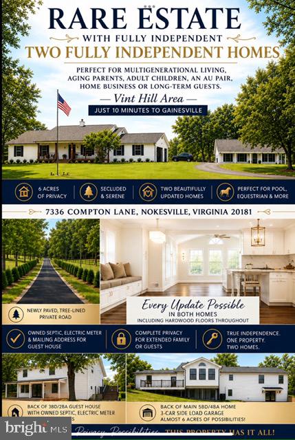 TWO SEPERATE HOMES ONE SPECTACULAR PROPERTY Appraisal available upon request! RARE multi-generational estate set on nearly 6 private, tree-lined acres with its own paved road on the commuter-friendly DC side of Warrenton—less than 10 minutes to Gainesville and I-66. This unique property features two completely independent, meticulously rebuilt luxury homes. Financing is fully secure with a fresh appraisal at list price! THE MAIN RESIDENCE (5 BR, 4 BA):Main Level: Open-concept designer kitchen with a massive island and custom built-in 10-12 person dining banquette. Panoramic sunroom opening to a large deck with stunning pastoral views. Owner's Suite: Main-level retreat with a custom walk-in closet and a luxury bath featuring a zero-entry shower. Two additional main-level bedrooms (one en-suite). Daylight Lower Level: Fully finished walk-out basement with a huge rec room, fireplace, wet bar with wine fridge, full bath, 2 additional bedrooms, a second laundry room, and a bonus kitchenette space. Garage: 3-car side-load garage with pristine epoxy finish and an EV car charger. THE DETACHED GUEST HOUSE (3 BR, 2 BA):Fully grandfathered and 100% legal with the county. Features its own independent address, separate new septic system, and dedicated electric meter. Finished with the exact same high-end designer kitchen, luxury baths, and hardwood floors as the main home. Perfect for in-laws, au pairs, or premium rental income. THE TURNKEY UPGRADES & LAND: Both homes feature brand-new roofs, HVAC systems, hot water heaters, windows, doors, siding, kitchens, baths, hardwood floors throughout both homes and gorgeous 3-piece custom molding and newly paved private road and driveway. The breathtaking acreage includes a flowing creek, a perfect layout for a luxury pool or equestrian area, and adjoins a rear road for effortless dual-property access. A grandfathered compound of this caliber is scarcely seen in Northern Virginia. Appraised, verified, and ready for a seamless, confident close!