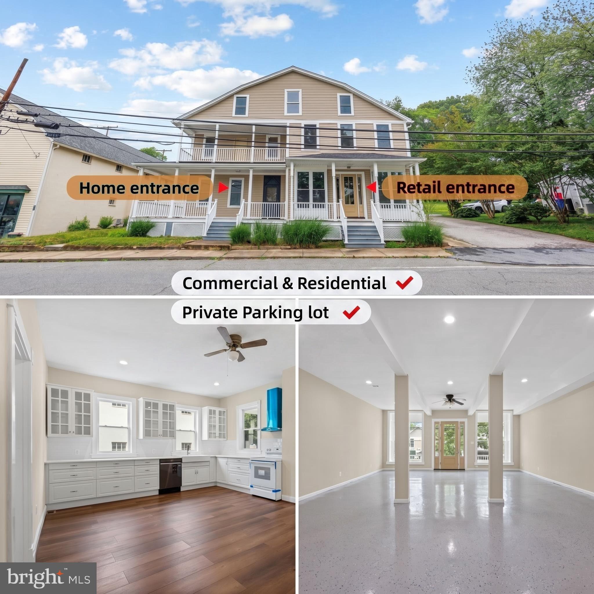 Rare live-work (Commercial & Residential) opportunity in the heart of historic Old Bowie! This expansive, fully renovated property boasts over 6,000 square feet of meticulously finished space, seamlessly combining premier residential comfort with incredible commercial potential. Whether you choose to run your business out of the entire building, utilize a perfect half-and-half split for living and working, or secure a powerhouse investment asset, this versatile property adapts beautifully to your vision. Offering ultimate peace of mind, a comprehensive top-to-bottom renovation includes a brand-new roof, new siding, high-efficiency windows, a new HVAC system, a new water heater, fresh paint, modern flooring, and brand-new appliances throughout. Classic wrap-around porches provide an inviting entrance for both residents and commercial clients alike.
The highly functional layout is thoughtfully designed with separate front entrances and two separate rear entrances to ensure effortless privacy and excellent flow between the zones.  On the residential side, the front door opens into a welcoming hallway with stairs leading to the upper level. To your left sits a generous formal dining room， a grand living room and a half bathroom. The hallway leads you back to a huge, fully updated kitchen that easily accommodates a breakfast table setup. On the commercial side, the entrance opens directly into a vast, flexible open retail space with soaring ceilings, perfect for an office or shop, complete with a convenient side door for easy access. Just five steps up from this open space is an additional large living area or customer/staff lounge, adjacent to a convenient half bathroom. The upper level provides a total of 6 bedrooms and 2 full bathrooms, smartly divided into two separate wings: the house side offers 3 bedrooms and 1 full bath, while the store side features an additional 3 bedrooms and 1 full bath, with a private connecting door between the two wings that can be easily closed or locked for complete separation. Additionally, the commercial wing features its own staircase leading up to the second floor, where a door opens to an immense third-level attic offering incredible storage space.
Outside, commercial viability is fully realized with a rare private parking lot providing 11 dedicated parking spaces, along with a substantial backyard storage structure for additional inventory or equipment. Strategically located for maximum visibility and convenience, this property is a commuter's dream with effortless access to US-50 and US-301, putting Washington D.C., Baltimore, and Annapolis all within easy reach. It is also just minutes from the Bowie State MARC Train Station for a seamless 27-minute rail commute to D.C.'s Union Station. Local amenities abound, with the property sitting just steps from Town Green Park and the Old Town Bowie Welcome Center, and only a short drive from Allen Pond Park, Whitemarsh Park, Bowie Town Center, and Bowie Marketplace for premier shopping, dining, and grocery needs. Don't miss this generational real estate asset—schedule your tour today!