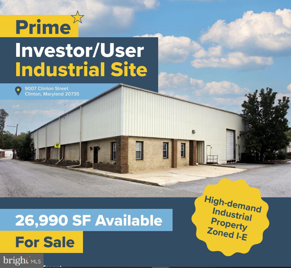 The property features two upgraded industrial buildings with modern warehouse functionality, including
multiple drive-ins, dock doors, mezzanine space, and an overhead crane for efficient material handling. A
fully paved layout, secure storage areas, and ample parking further support streamlined daily operations

IE zoning allows flexible site planning for a mix of office, warehouse, and light-industrial operations, supporting diverse tenant needs. Highest and best use designated as industrial.

• Credit Tenant
• 1.547 acres
• Located in Clinton, MD, minutes from Joint Base Andrews, Route 5, I-95 and I-495
• Fully paved site with fleet and employee parking and a fenced lot
• Clear height up to 26’ in the 9007 Clinton St building
• Crane
• Mezzanine floor in both buildings

Building 1
Two-story office + warehouse with 3 drive-ins,
4 dock doors, mezzanine, and an overhead
crane (approx. 80% of warehouse).
Fully paved site with fleet
+ employee parking and
fenced lot .

Building 2
Additional shop and storage with
mezzanine, forklift-accessible
material handling area.

The property offers excellent accessibility, with direct proximity to Route 5 and the Capital Beltway (I495), providing quick regional connectivity. Its Clinton location places it minutes from Joint Base Andrews
and key commercial corridors, ensuring efficient access for workforce, logistics, and service providers.