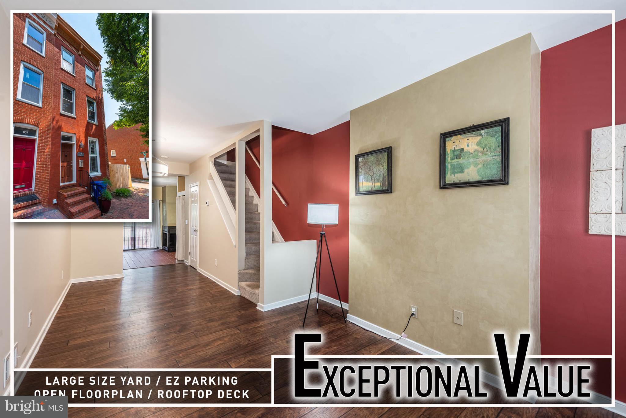 A truly one-of-a-kind opportunity to own a move-in ready end-of-group rowhome with exceptional outdoor space in one of Baltimore's most convenient locations! Buyer must purchase both 109 Scott St. and the adjoining lot at 111 Scott St., offering a rare chance to enjoy an oversized homesite with added privacy, expanded outdoor living, or future possibilities. Unlike the typical city rowhome, this property boasts an impressive fenced side yard in addition to a private rear yard, creating the perfect setting for entertaining, gardening, pets, or simply enjoying your own outdoor oasis.  Inside, you'll find three finished levels of thoughtfully designed living space filled with natural light. The inviting open floor plan begins with a spacious living room highlighted by beautiful wood flooring and flows seamlessly into the expansive eat-in kitchen. Designed with both functionality and character in mind, the kitchen offers abundant cabinetry, generous counter space, stainless steel appliances, and a charming wood-burning fireplace that creates a warm and welcoming atmosphere for gatherings.  The second level features two generously sized bedrooms, a well-appointed full bath, and access to a private rear balcony—an ideal spot to enjoy your morning coffee or unwind at the end of the day. Occupying the entire third floor, the spacious primary suite serves as a private retreat complete with its own full bath and direct access to a spectacular rooftop terrace, providing the perfect place to relax, entertain guests, or take in sweeping city views.  The unfinished basement offers laundry facilities and abundant storage space with room for future expansion if desired. Combined with the oversized side yard and fenced rear yard, this property delivers an incredible amount of indoor and outdoor living space rarely found in Baltimore City.  Ideally situated just minutes from the University of Maryland Medical Center, Camden Yards, M&T Bank Stadium, the Inner Harbor, Downtown Baltimore, Federal Hill, restaurants, shopping, parks, and major commuter routes including I-95 and I-295, this unique property offers the perfect blend of city convenience, outdoor living, and future potential. Whether you're looking for a primary residence with room to grow or a distinctive investment opportunity, this exceptional offering is one you won't want to miss.  111 Scott St. listed for $39,900