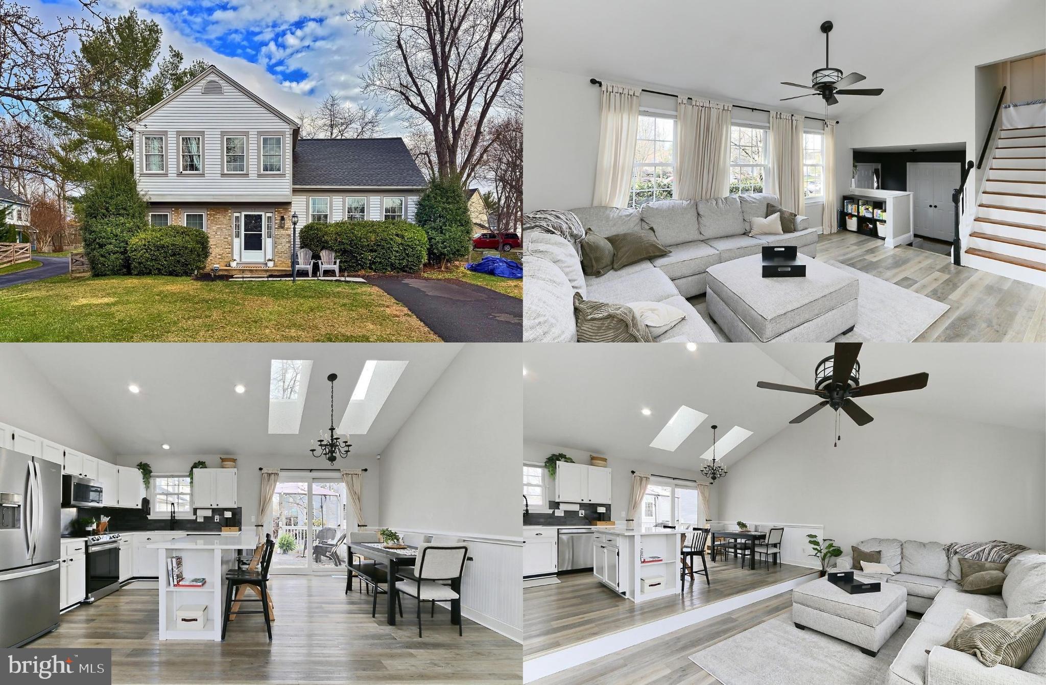 Welcome to this beautiful 4-bedroom, 2.5-bath updated "Hamilton" model nestled in the highly desirable and amenity filled Countryside community! This spacious home offers a functional layout designed for entertaining, relaxation, and convenience with a main-level bedroom and half bath, plus three additional bedrooms and two full baths upstairs. Infused with countless designer touches and upgrades including chic lighting and contemporary ceiling fans, warm new luxury vinyl plank flooring, an upgraded kitchen and primary bath, and new shades, new skylight, new HVAC system (2022), new sump pump (2024) and newer windows and sliding glass doors plus a new roof (2024) make this home move-in ready! ***** The inviting foyer features a convenient bench and hooks and leads up into a bright and airy living room room boasting a soaring cathedral ceiling, gorgeous wide plank flooring, a contemporary lighted ceiling fan, and a wall of windows. The beautifully upgraded kitchen is sure to please the modern chef with gleaming quartz countertops, an abundance of white cabinetry, custom tile backsplashes, a new sink, faucet, and disposal, and stainless steel appliances. A center island provides bar seating, and the dining area accented by skylights, wainscoting, and a newer sliding door opens to the spacious deck with steps to the fenced yard dotted by majestic trees—perfect for entertaining! ****** The family room with a cozy woodburning fireplace flanked on either side by built-in bookcases delivers plenty of space for media, games and relaxation is sure to be a popular destination. Here, a French style door open to the patio and fenced backyard with a spacious shed—perfect for storage or potential expansion into a home office. Back inside, a versatile bedroom, chic powder room, and convenient laundry area with front loading machines round out the main level. ****** Upstairs, the primary suite boasts a contemporary lighted ceiling fan, two double closets, and a renovated bath with white vanity, sleek lighting and fixtures, new toilet, LVP flooring, and a walk-in shower with shimmering tile surround. Two additional bedrooms, each with newer lighted ceiling fans, share access to the well-appointed hall bath. ****** Residents of Countryside have access to three pools, tennis and basketball courts, playgrounds, and scenic trails with a fitness circuit, and more. Conveniently located near Route 7, Route 28, and Dulles Town Center, this home offers easy access to major commuter routes, shopping, dining, and entertainment. VA assumable loan with M&T $570K @ 4.99%! It’s the perfect home in a spectacular location!