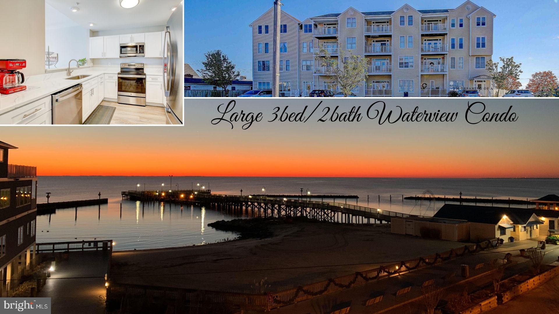 Great price for one of the largest waterview condo's in the beach area!  Three large bedrooms, two full baths and INCREDIBLE  views of the Chesapeake Bay! Has almost 1,600 sf of gorgeously updated finishes throughout!  Split floor plan gives lots of privacy for the master suite!  Enjoy the  walkability of North Beach -- a quick walk to restaurants, boardwalk, and the beach!  You'll love being just steps away from wine and ice-cream shops on first floor of the building too!  And there's lots of fun things to do here with a nearby Chesapeake Beach casino, charter fishing, and quaint little shops.  Kitchen was totally remodeled in December 2020--with white cabinets, stainless steel appliances, and beautiful Quartz countertops!  Both bathrooms are custom tiled and have granite countertops! Master bedroom and 2nd bedroom have walk-in-closets and easily fit a King size bed and more.  Additional upgrades include Elfa Shelves and Closet America shelving in closets, as well as luxury vinyl plank flooring.  Excellent location in North Beach--only 30 minutes to Joint Base Andrews, and 45 minutes to DC.  Steps away from a commuter bus stop too!   Secure building with intercom access and elevator.  Condo fee includes water and sewer, maintenance of building, parking lot snow removal, etc.