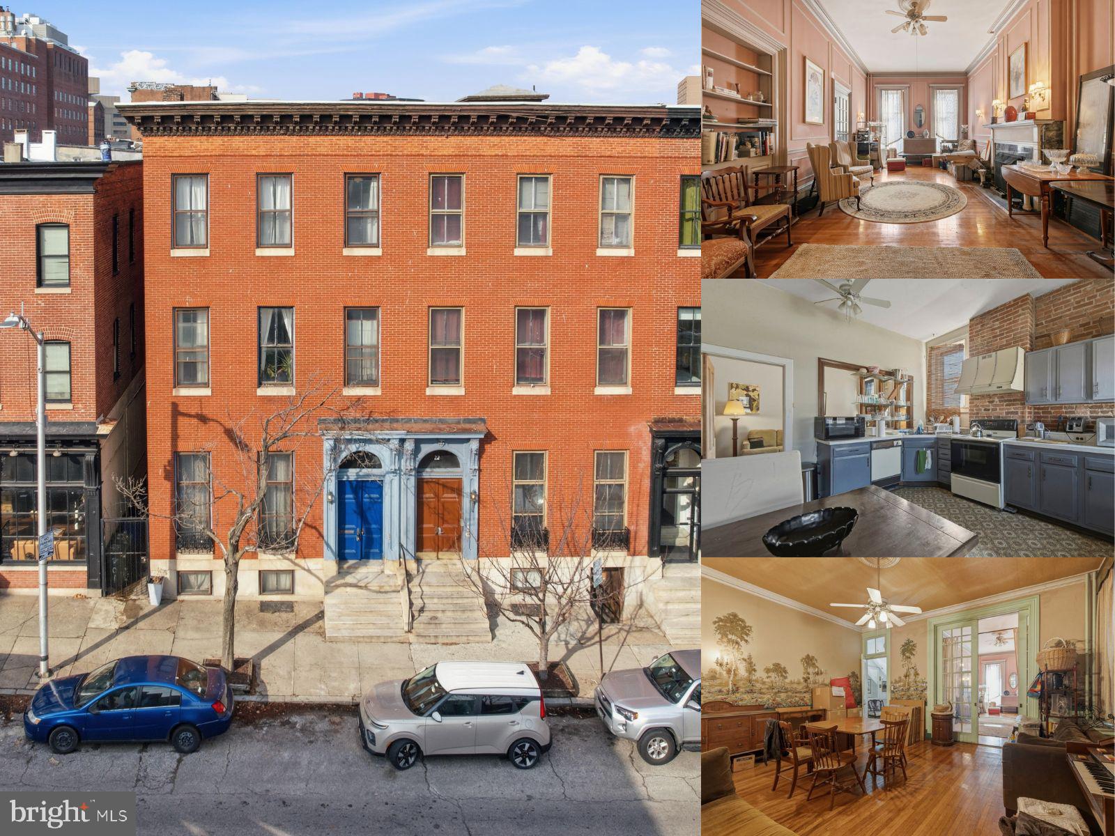 Unbelievable price for a Mount Vernon gem!!!  6-bedroom, 3 full bath, 1 half bath, four-level historic brick townhouse offering over 4,800 square feet of above-grade living space, ideally located in the heart of the Mount Vernon Historic District. Built in 1831, this interior rowhome showcases classic Baltimore architecture and scale, featuring tall ceilings, original brick and plaster walls, hardwood flooring, and three fireplaces—one on each level—providing a strong foundation for restoration, customization, or long-term investment. The expansive four-story layout allows for multiple living areas, home offices, studios, or guest accommodations. A full basement with interior access, rear entrance, and walkout stairs offers additional storage and future finishing potential. Outdoor space includes a screened porch and brick patio, creating a private area for relaxing or entertaining within the city. Situated in Mount Vernon, one of Baltimore’s most architecturally significant and culturally vibrant neighborhoods, residents enjoy close proximity to the Washington Monument, Walters Art Museum, Peabody Institute, restaurants, cafes, theaters, and everyday conveniences. Easy access to downtown Baltimore, major commuter routes, and public transportation further enhances the location. This property presents a compelling opportunity for buyers seeking historic character, substantial square footage, and the chance to add value in a prime central location. Property is being sold as-is.